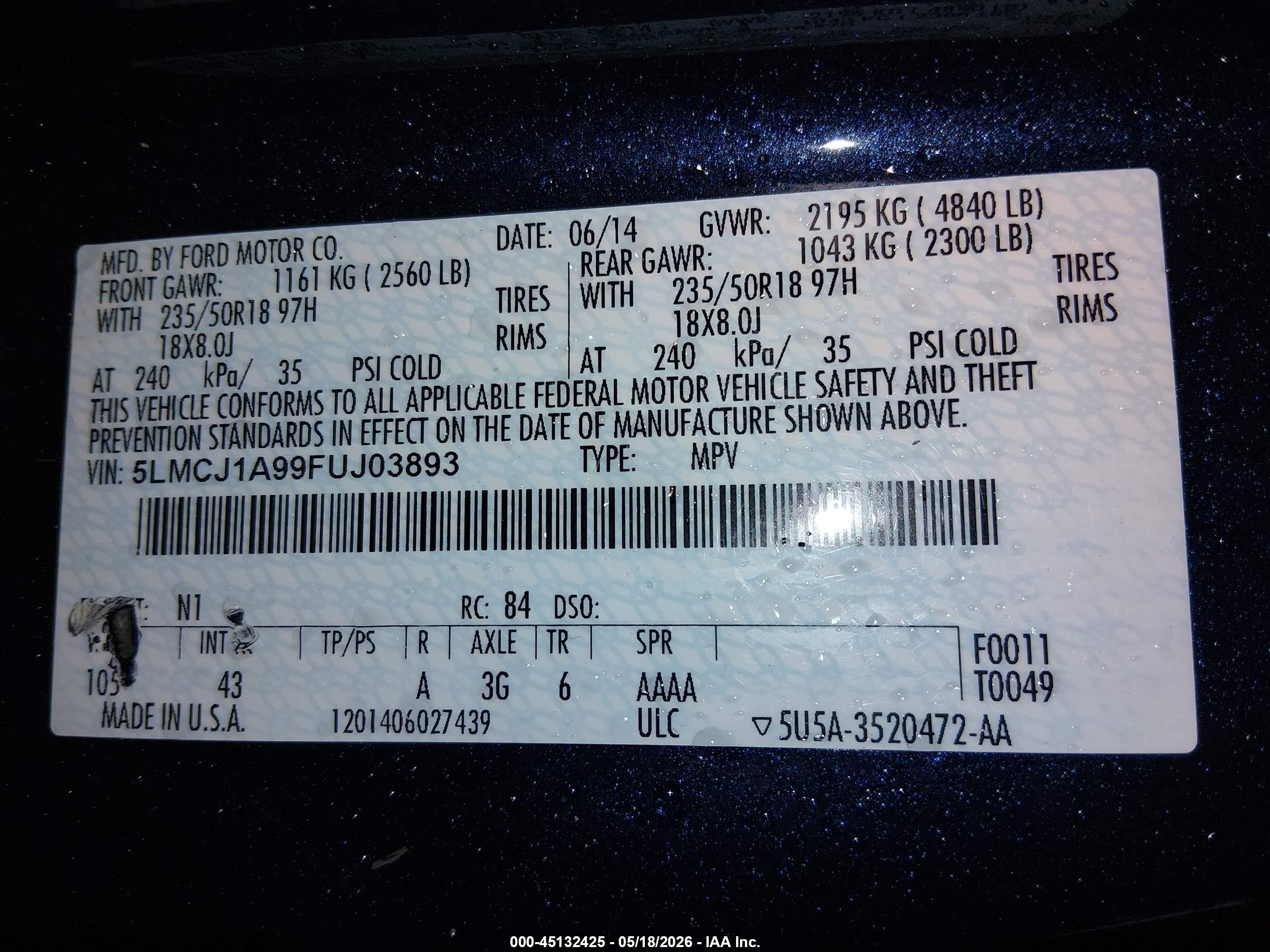 2015 Lincoln Mkc   Dark Blue vin: 5LMCJ1A99FUJ03893
