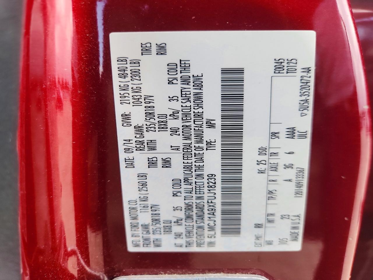 2015 Lincoln Mkc Red vin: 5LMCJ1A9XFUJ18239