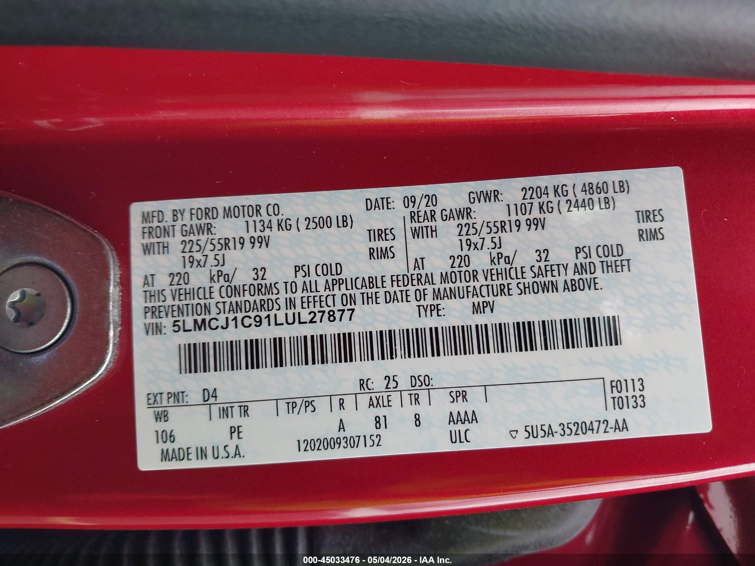 2020 Lincoln Corsair Standard Красный vin: 5LMCJ1C91LUL27877