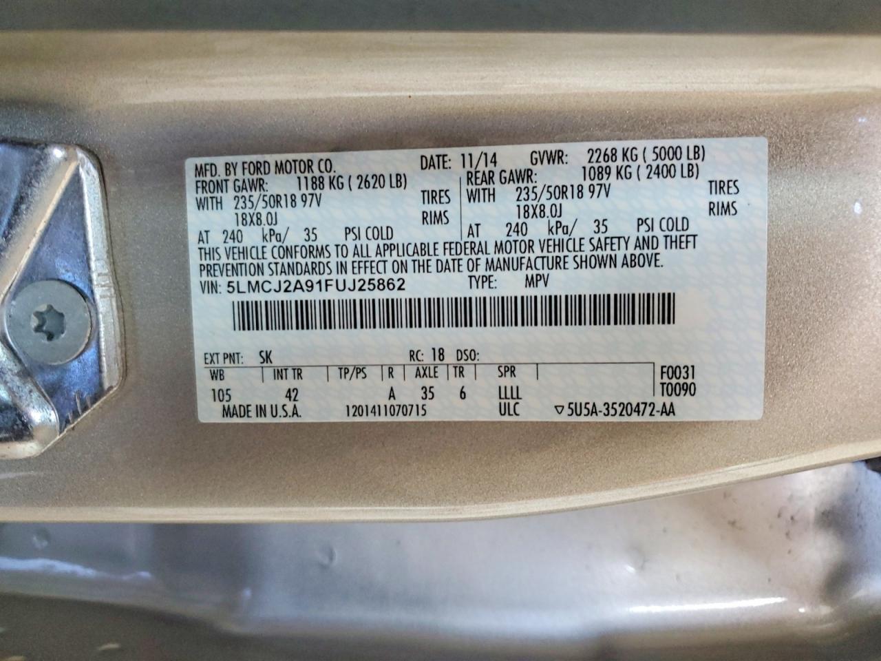 2015 Lincoln Mkc Tan vin: 5LMCJ2A91FUJ25862