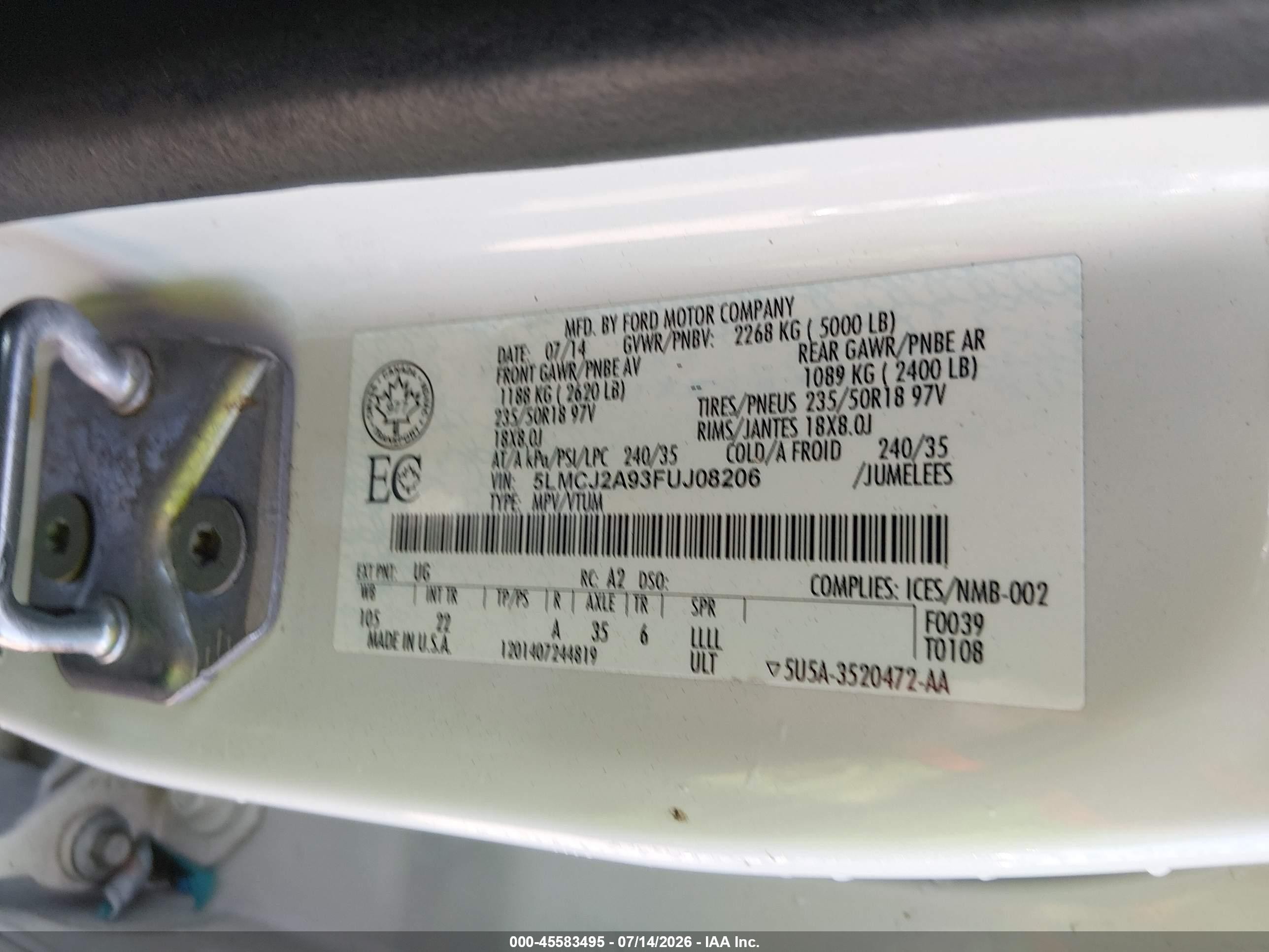 2015 Lincoln Mkc   White vin: 5LMCJ2A93FUJ08206