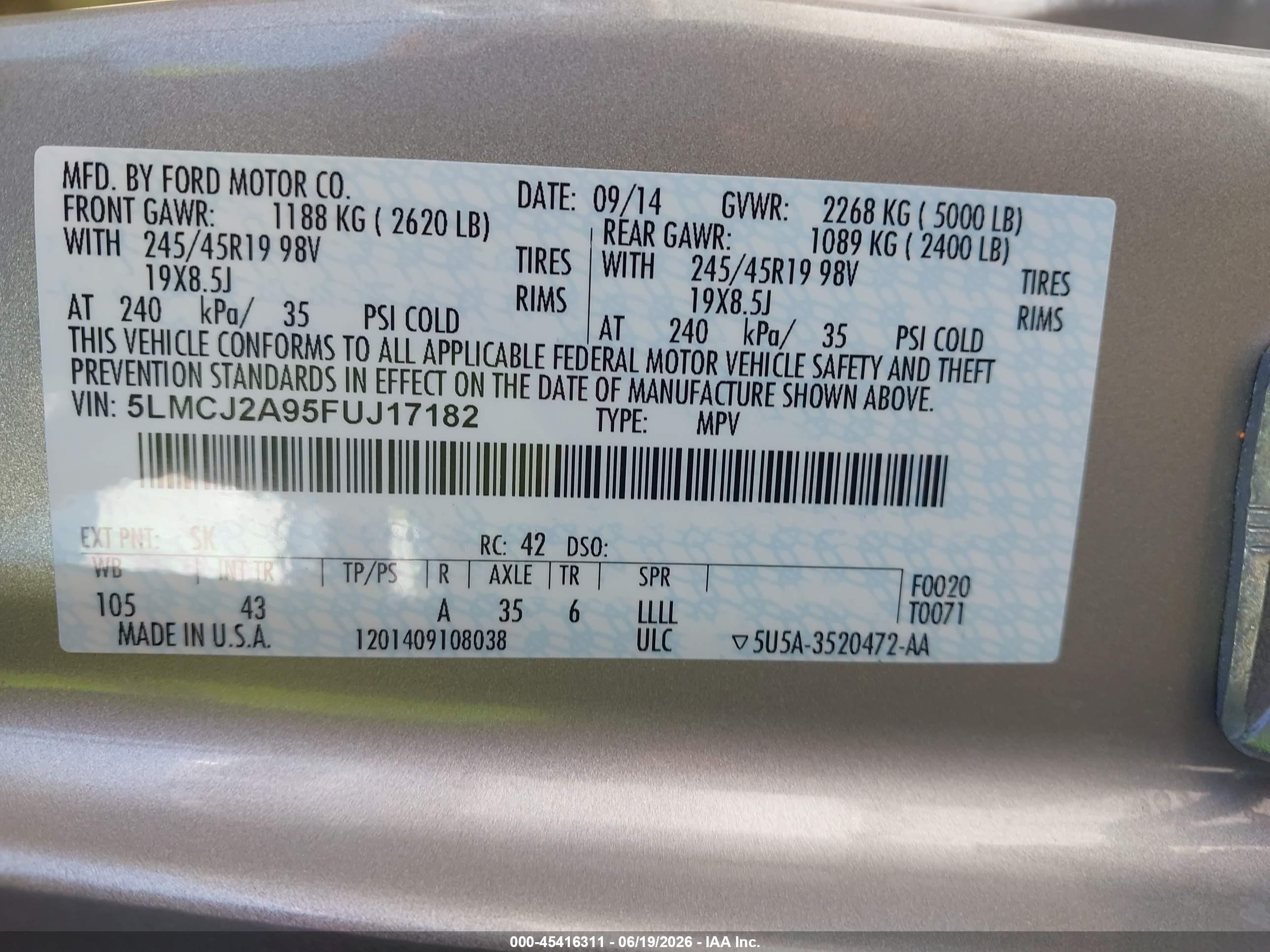 2015 Lincoln Mkc   Champagne vin: 5LMCJ2A95FUJ17182