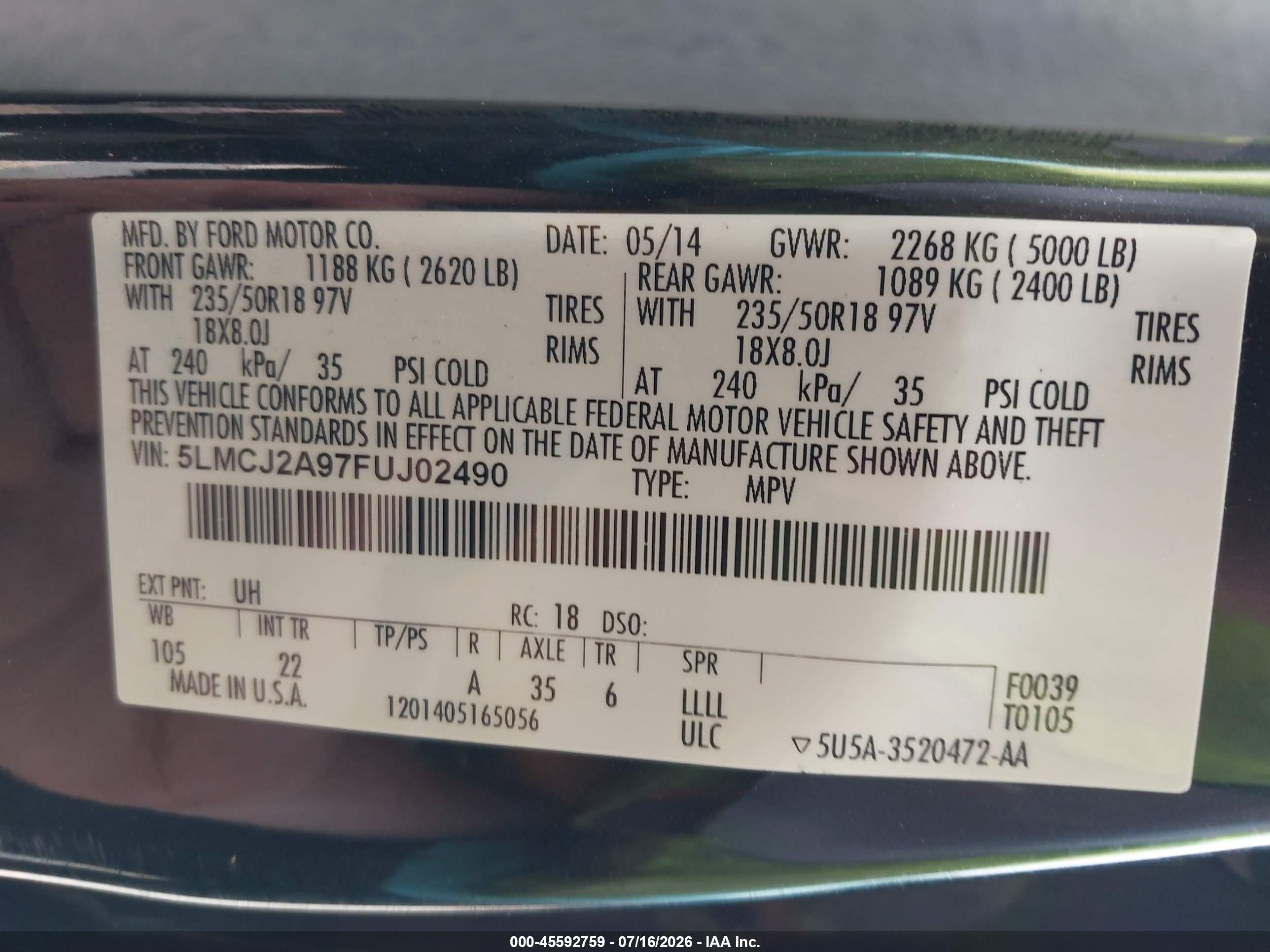 2015 Lincoln Mkc   Black vin: 5LMCJ2A97FUJ02490