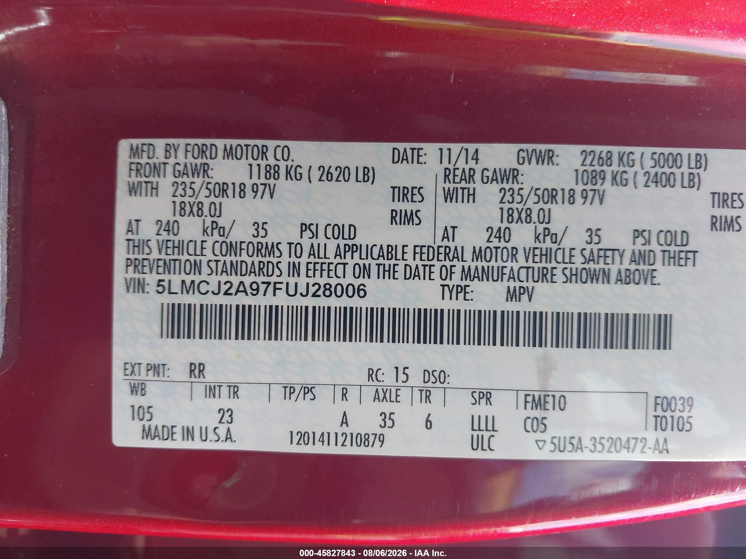2015 Lincoln Mkc   Red vin: 5LMCJ2A97FUJ28006