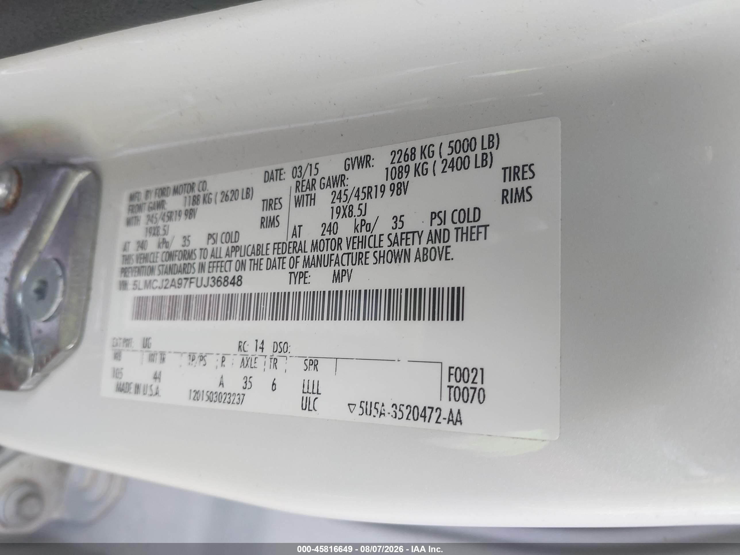 2015 Lincoln Mkc   White vin: 5LMCJ2A97FUJ36848