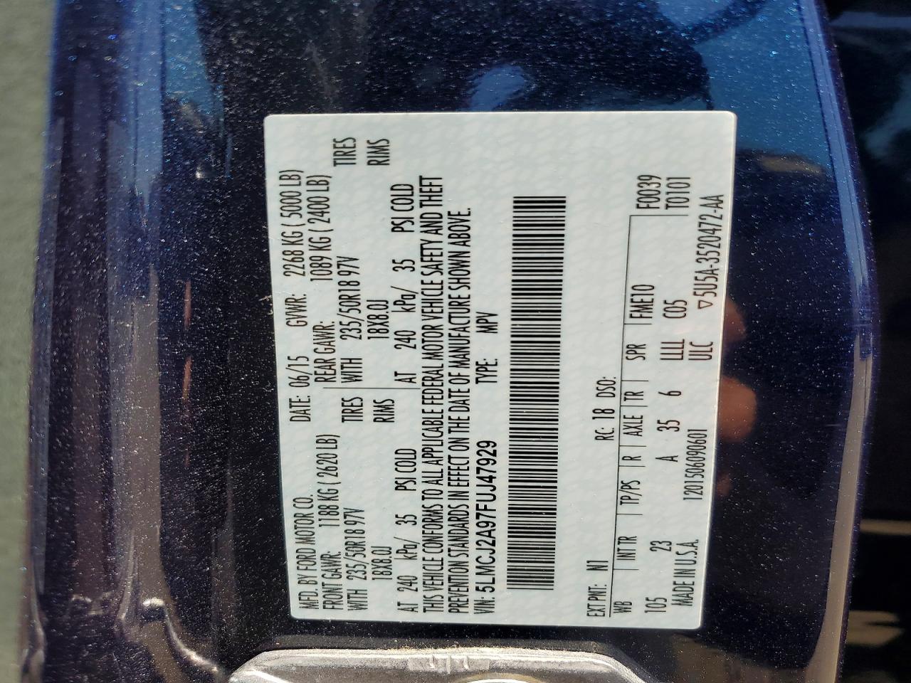 2015 Lincoln Mkc Синий vin: 5LMCJ2A97FUJ47929
