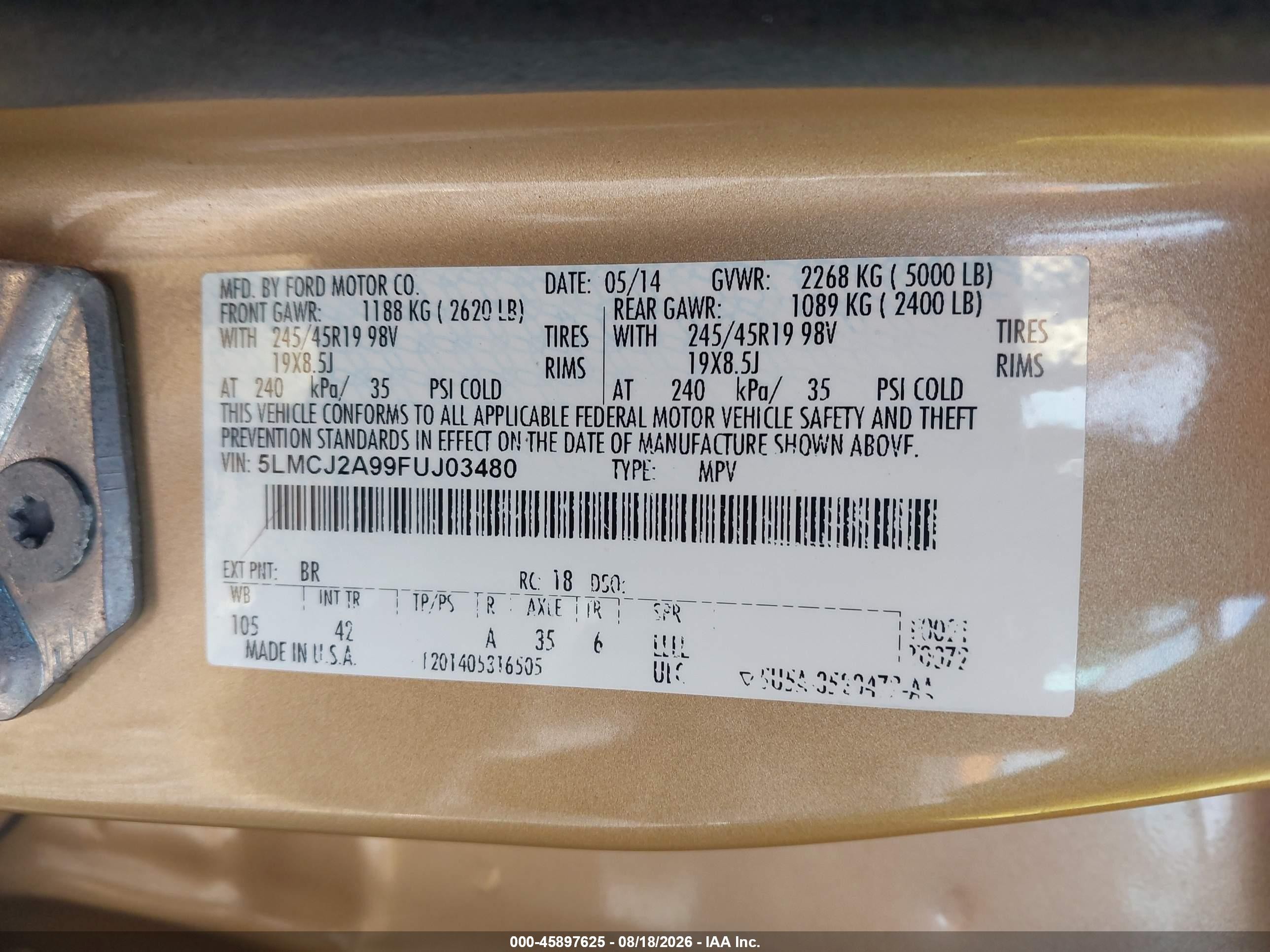 2015 Lincoln Mkc Gold vin: 5LMCJ2A99FUJ03480