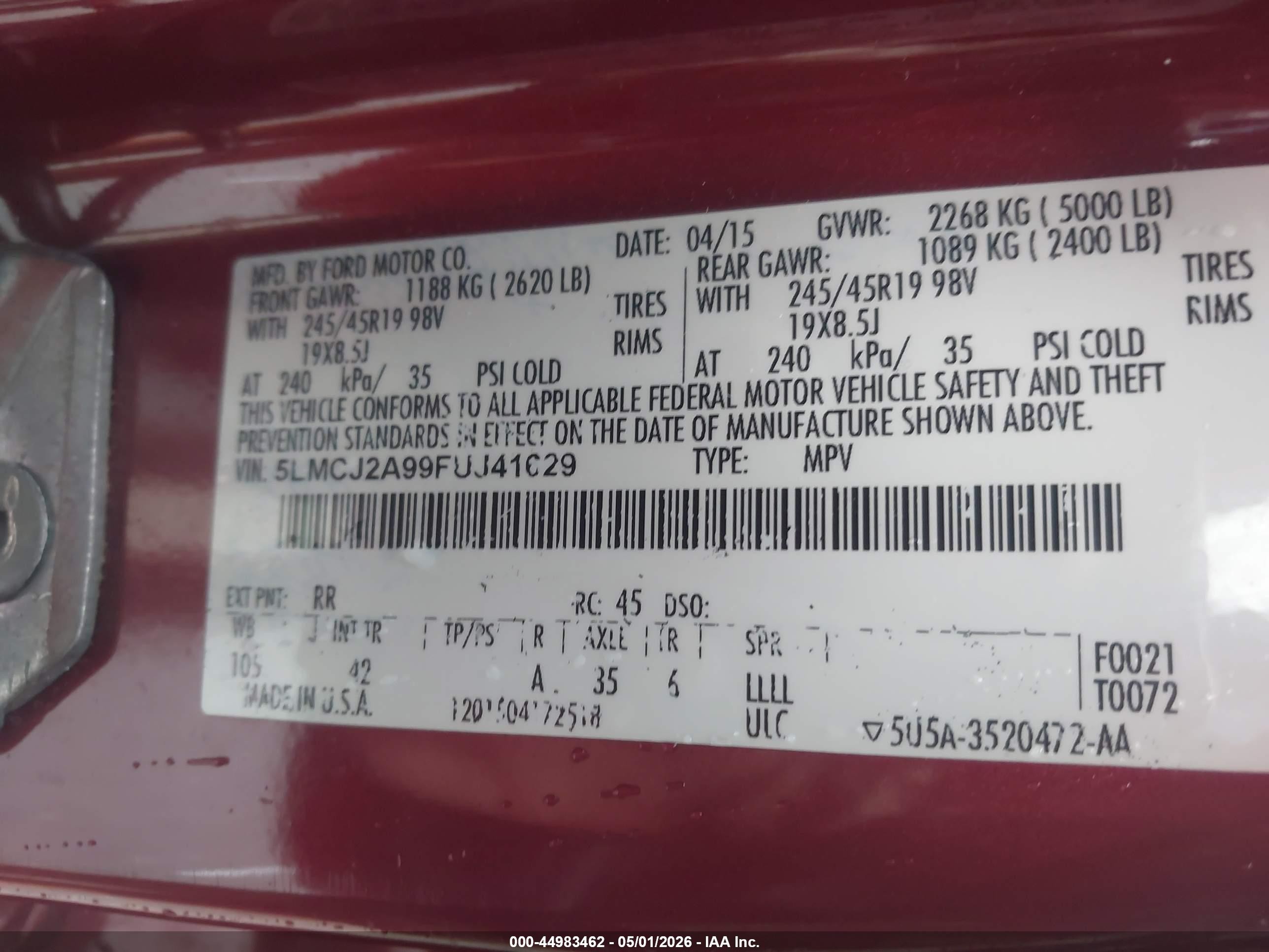 2015 Lincoln Mkc   Red vin: 5LMCJ2A99FUJ41629