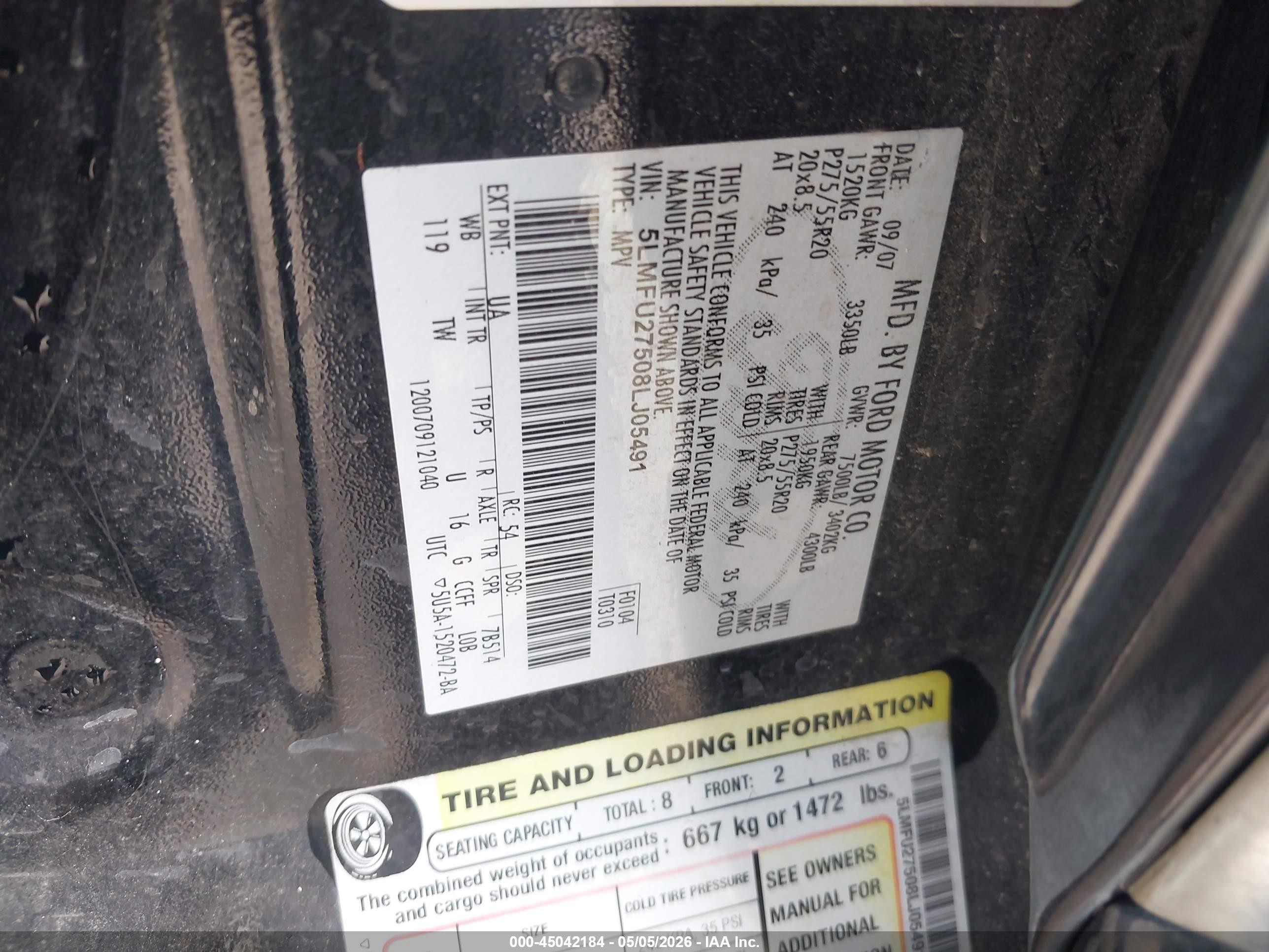 2008 Lincoln Navigator   Black vin: 5LMFU27508LJ05491