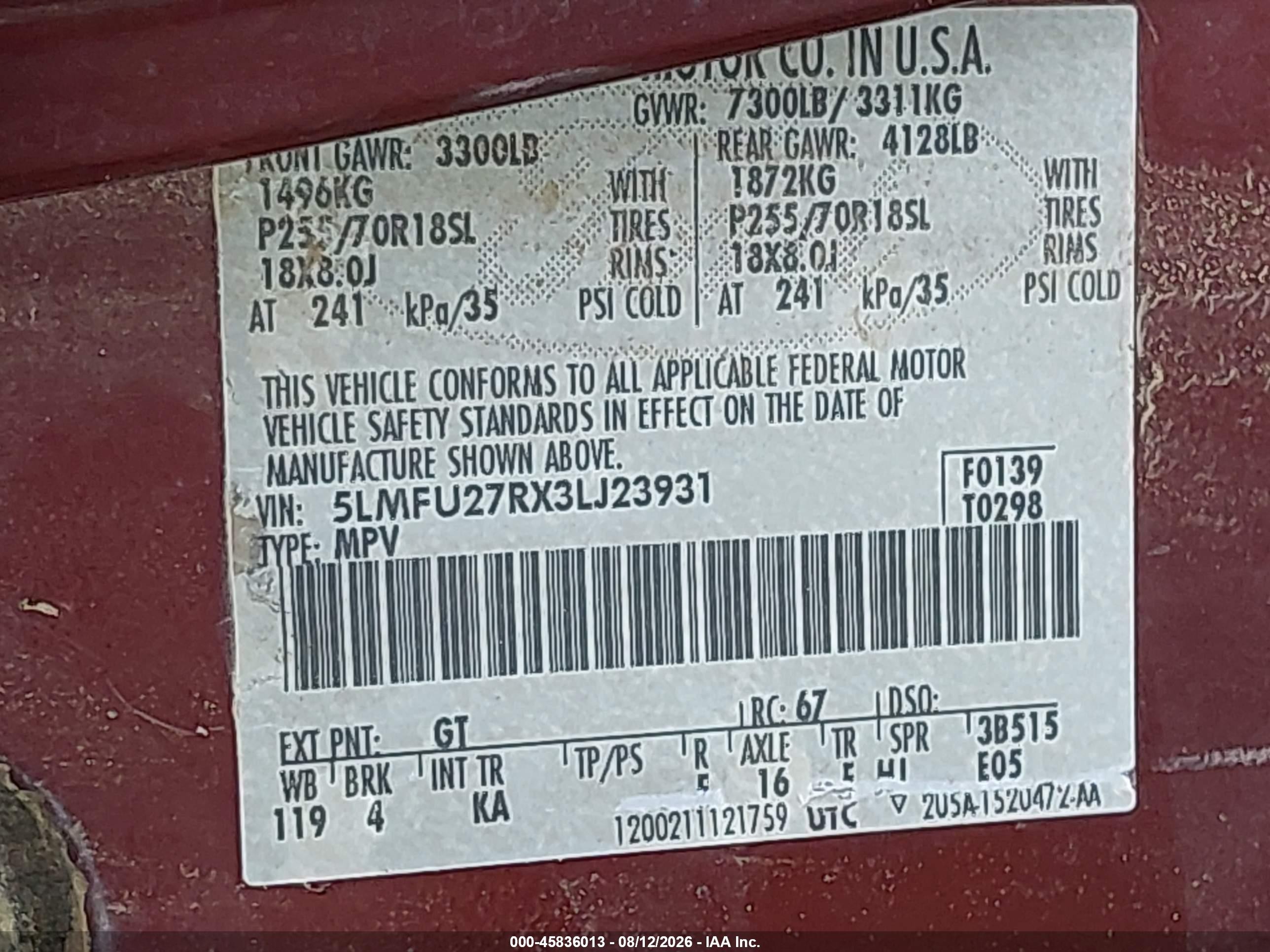 2003 Lincoln Navigator   Burgundy vin: 5LMFU27RX3LJ23931