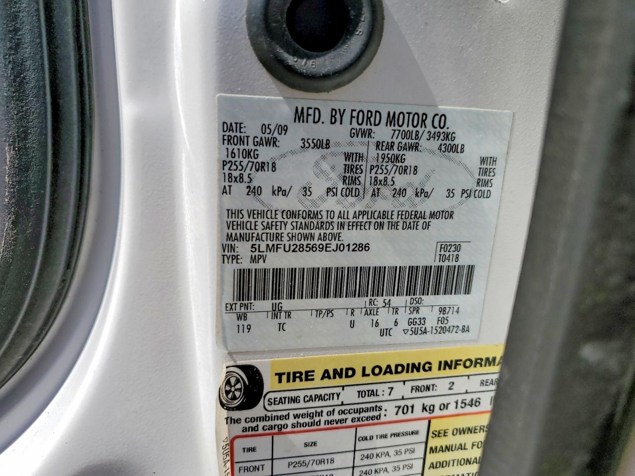2009 Lincoln Navigator White vin: 5LMFU28569EJ01286
