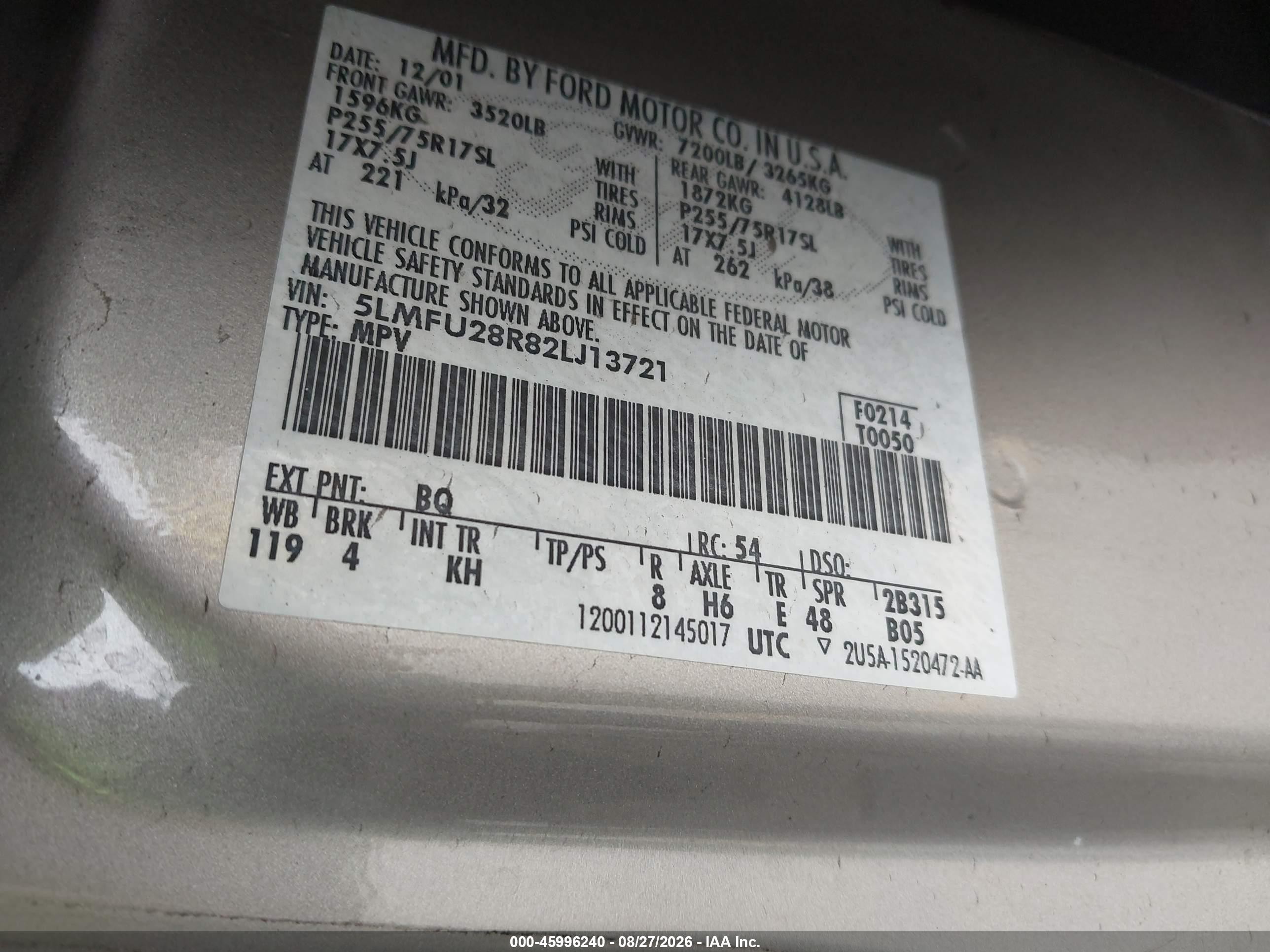 2002 Lincoln Navigator   Beige vin: 5LMFU28R82LJ13721