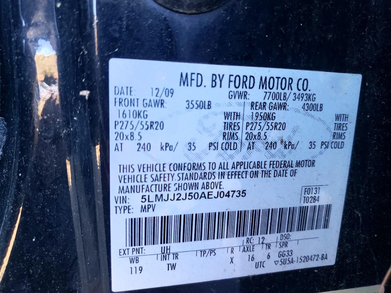 2010 Lincoln Navigator Black vin: 5LMJJ2J50AEJ04735