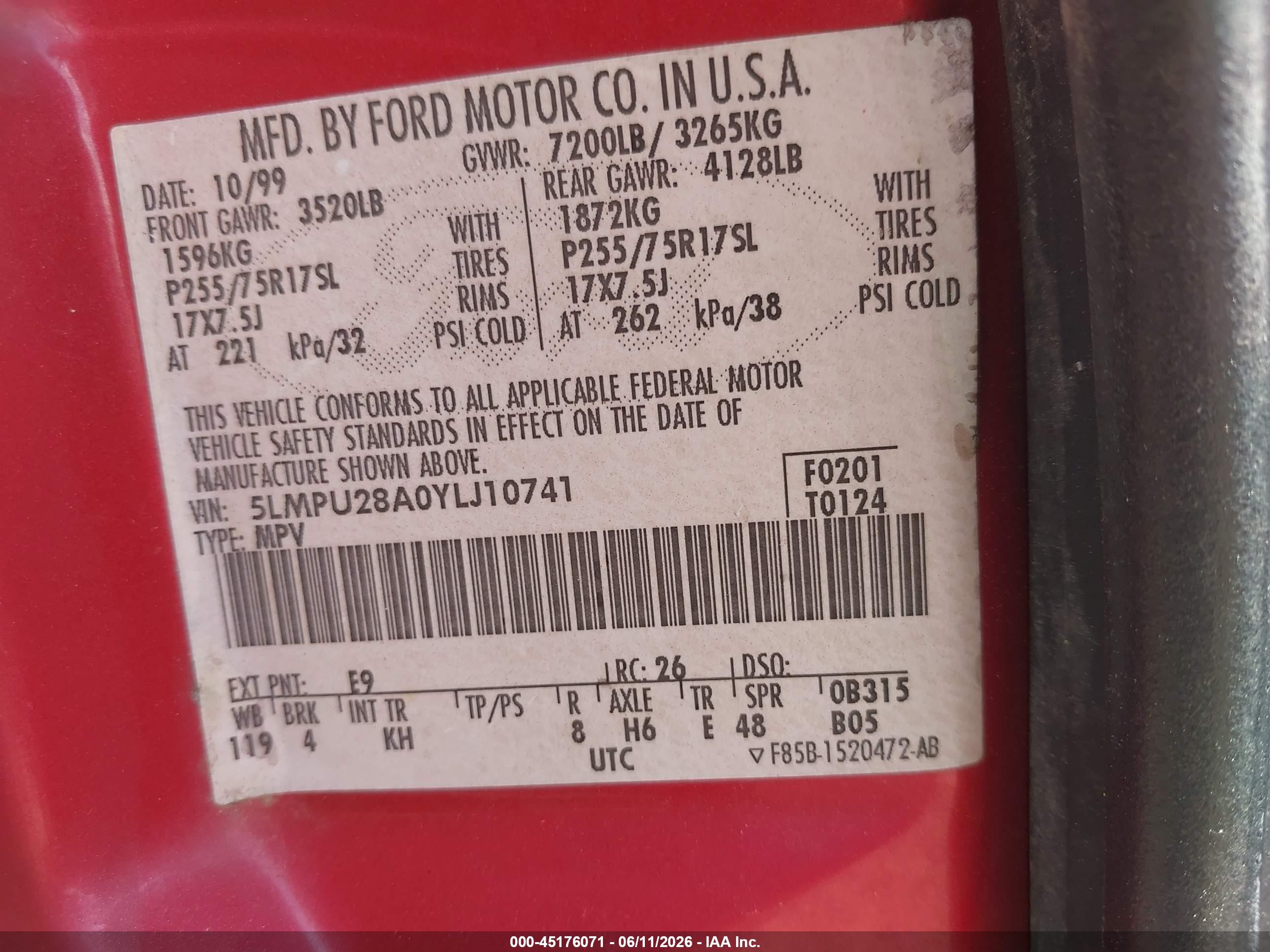 2000 Lincoln Navigator   Red vin: 5LMPU28A0YLJ10741