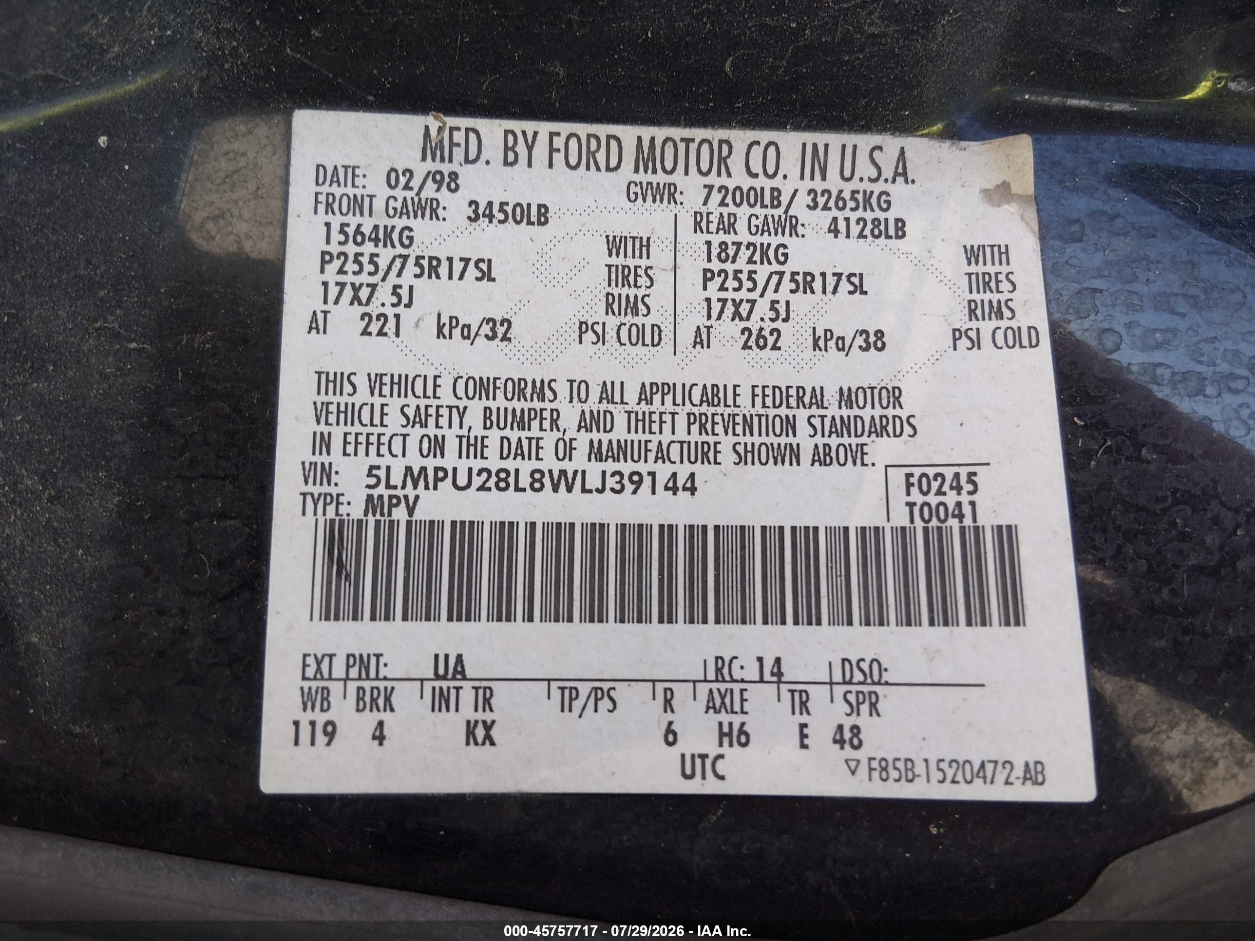 1998 Lincoln Navigator Черный vin: 5LMPU28L8WLJ39144