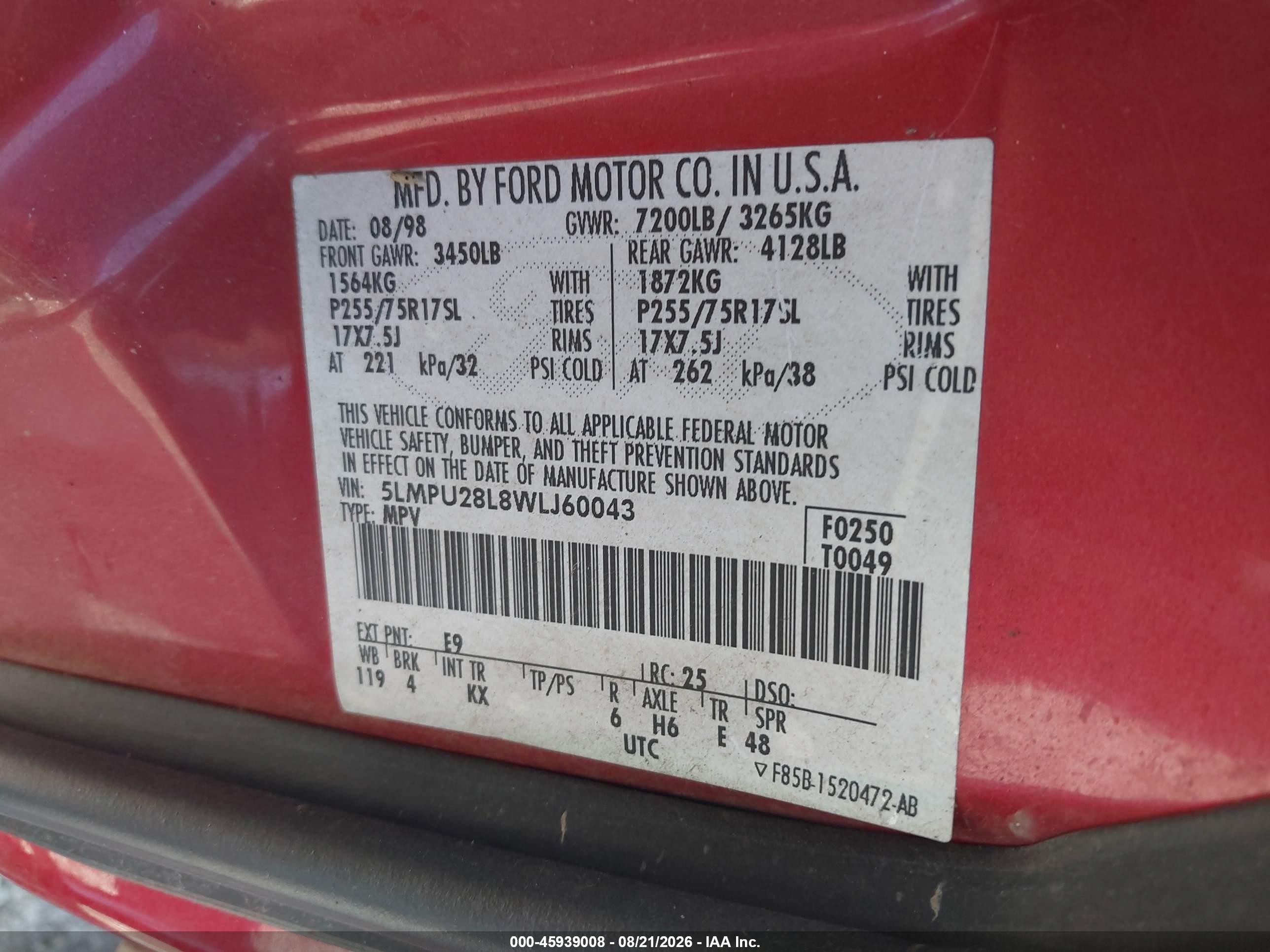 1998 Lincoln Navigator   Red vin: 5LMPU28L8WLJ60043