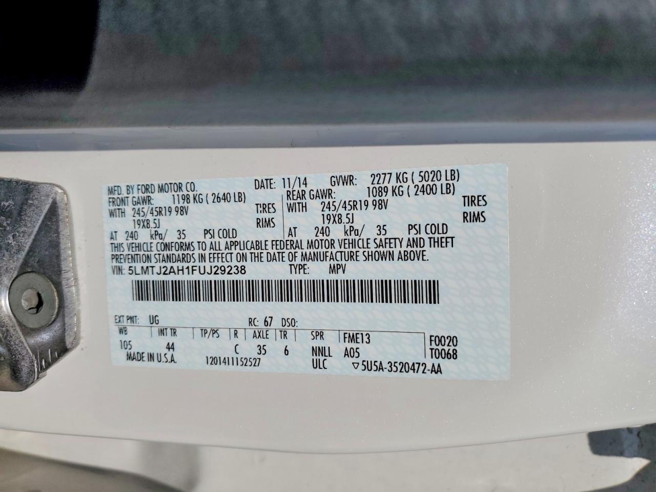 2015 Lincoln Mkc White vin: 5LMTJ2AH1FUJ29238