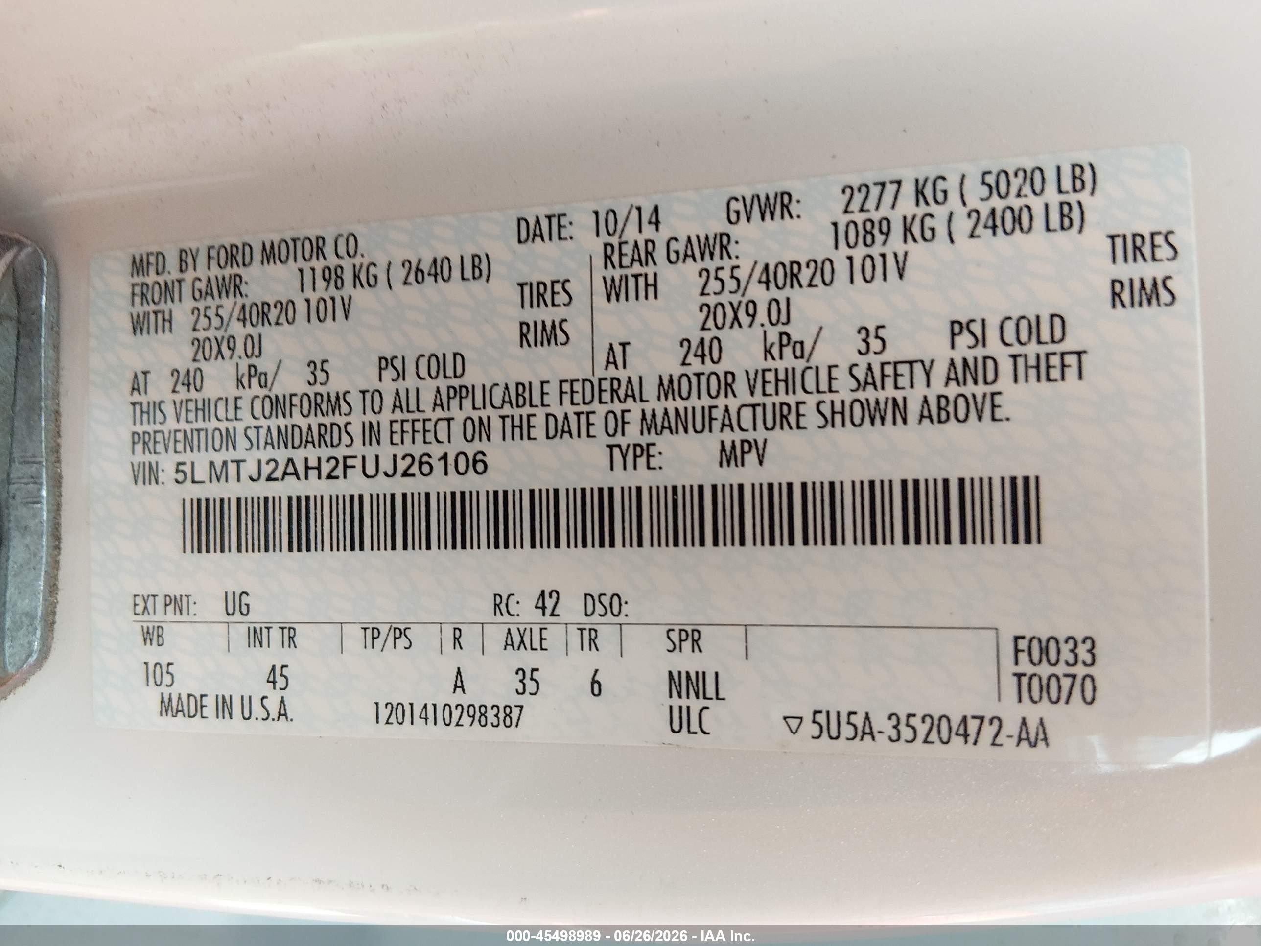 2015 Lincoln Mkc   Cream vin: 5LMTJ2AH2FUJ26106