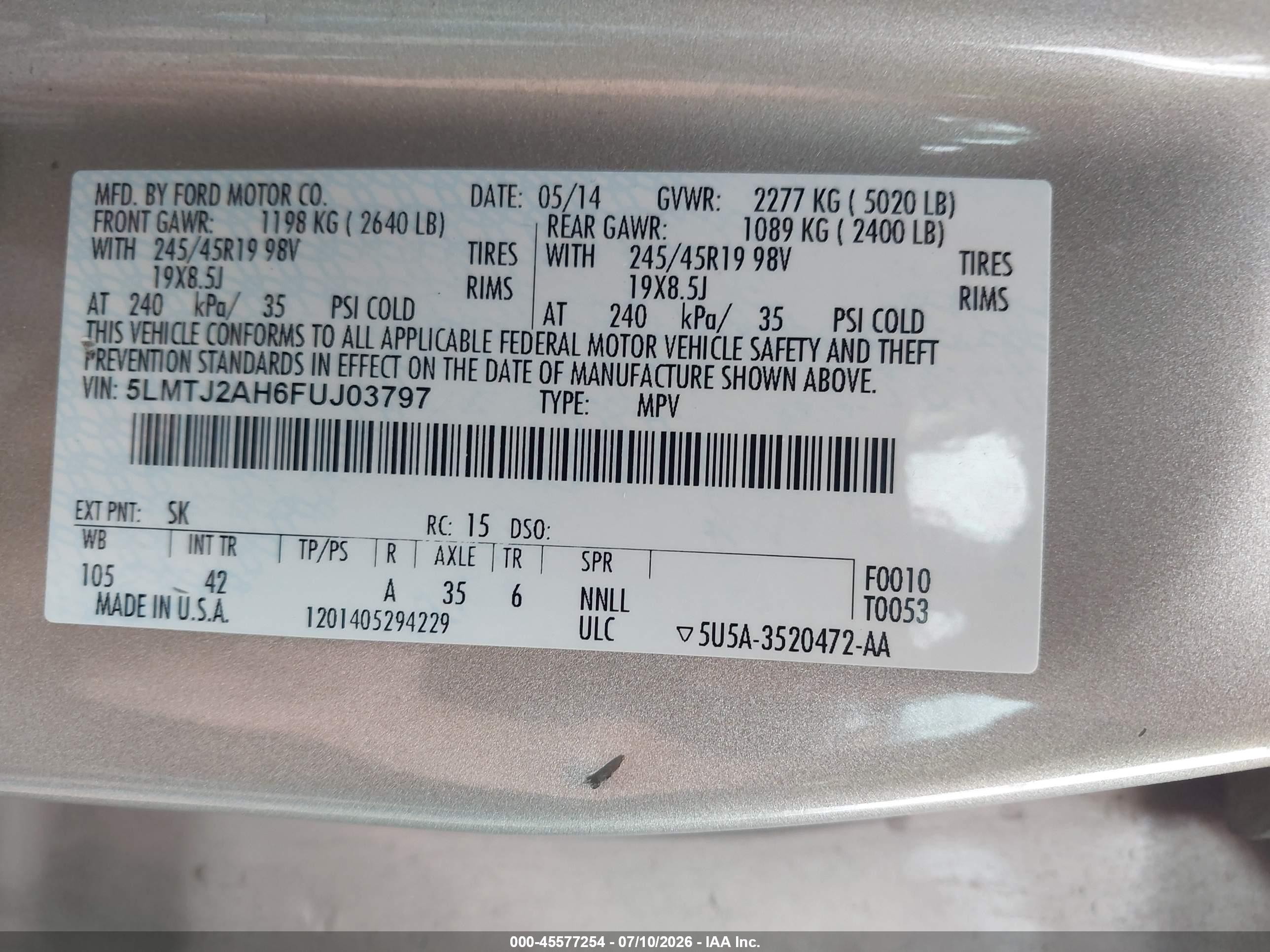 2015 Lincoln Mkc   Cream vin: 5LMTJ2AH6FUJ03797