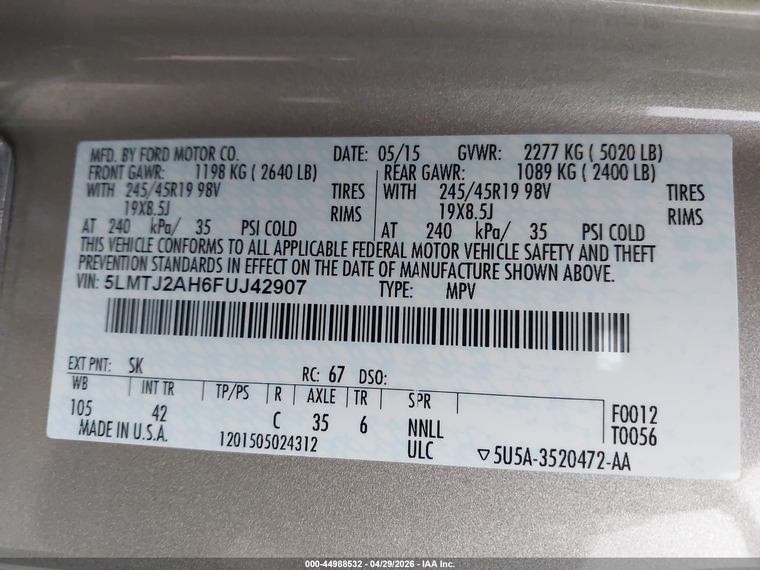 2015 Lincoln Mkc   Beige vin: 5LMTJ2AH6FUJ42907