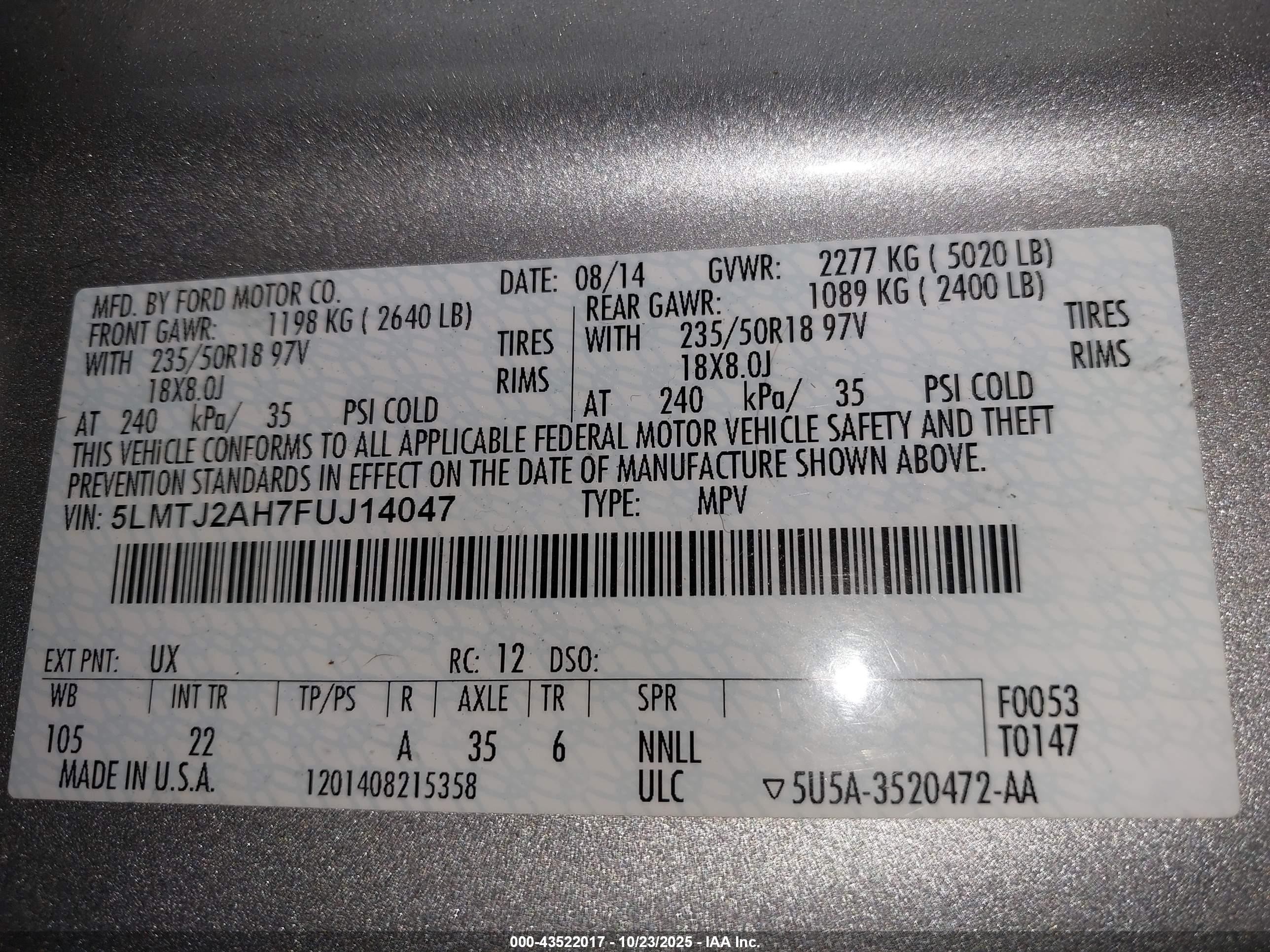 2015 Lincoln Mkc   Silver vin: 5LMTJ2AH7FUJ14047