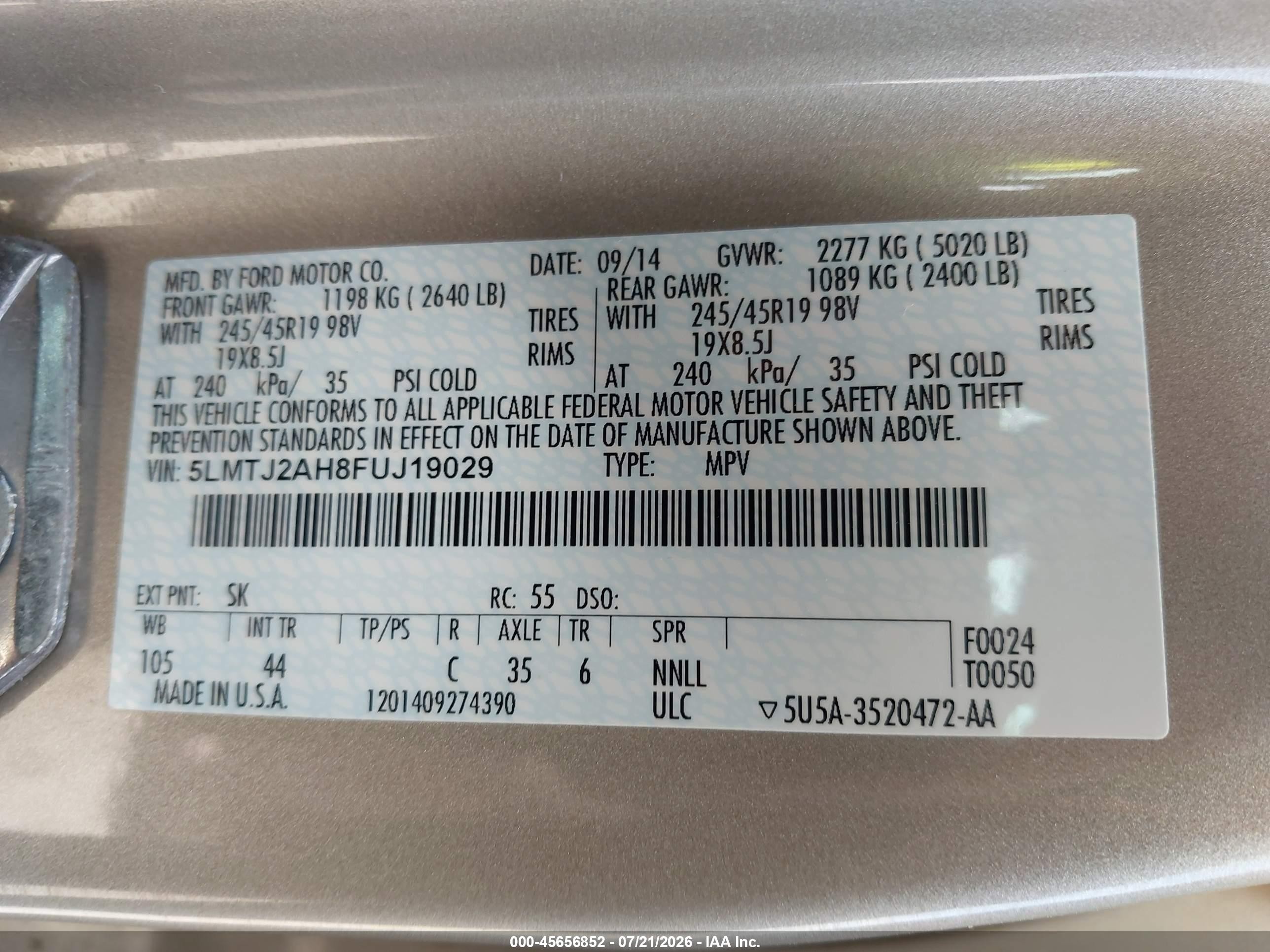 2015 Lincoln Mkc   Champagne vin: 5LMTJ2AH8FUJ19029