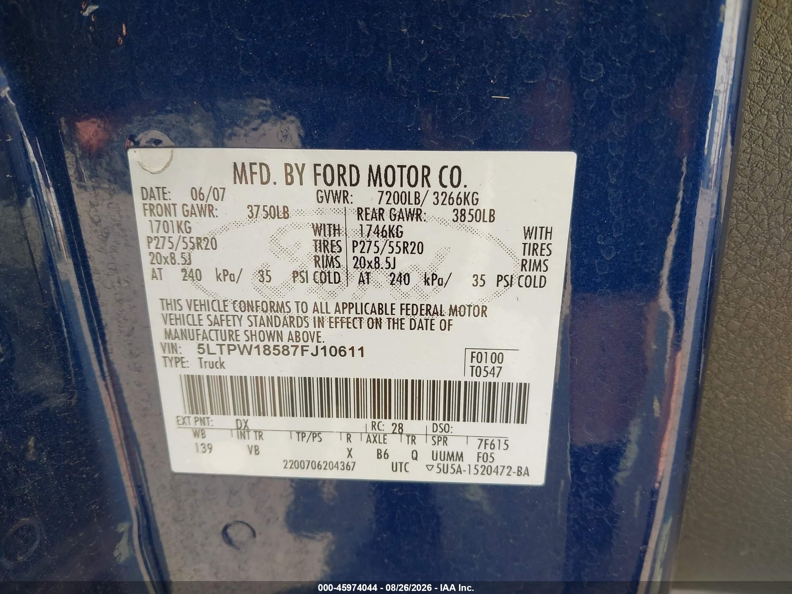 2007 Lincoln Mark Lt   Blue vin: 5LTPW18587FJ10611