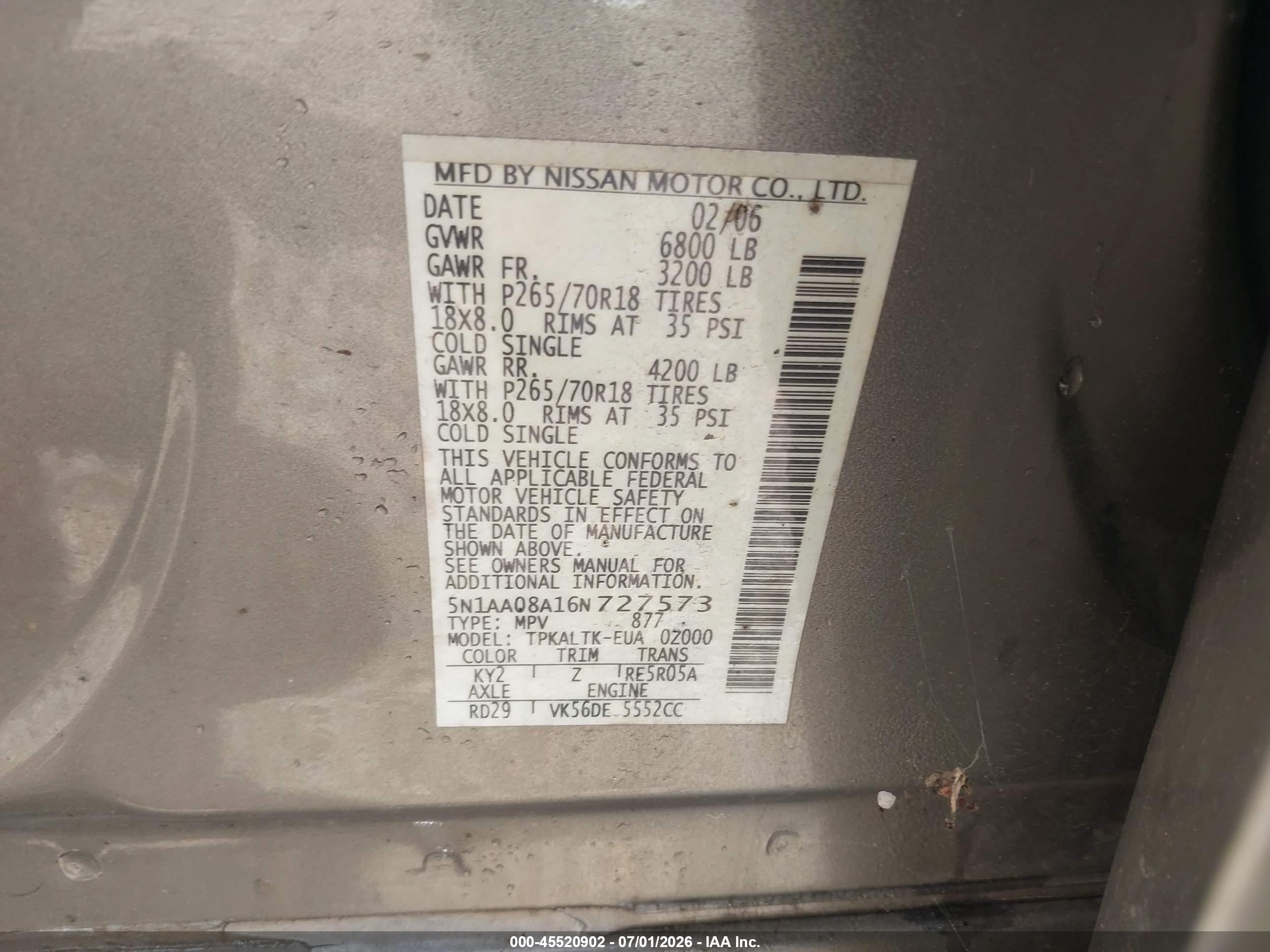 2006 Nissan Armada Se Gray vin: 5N1AA08A16N727573