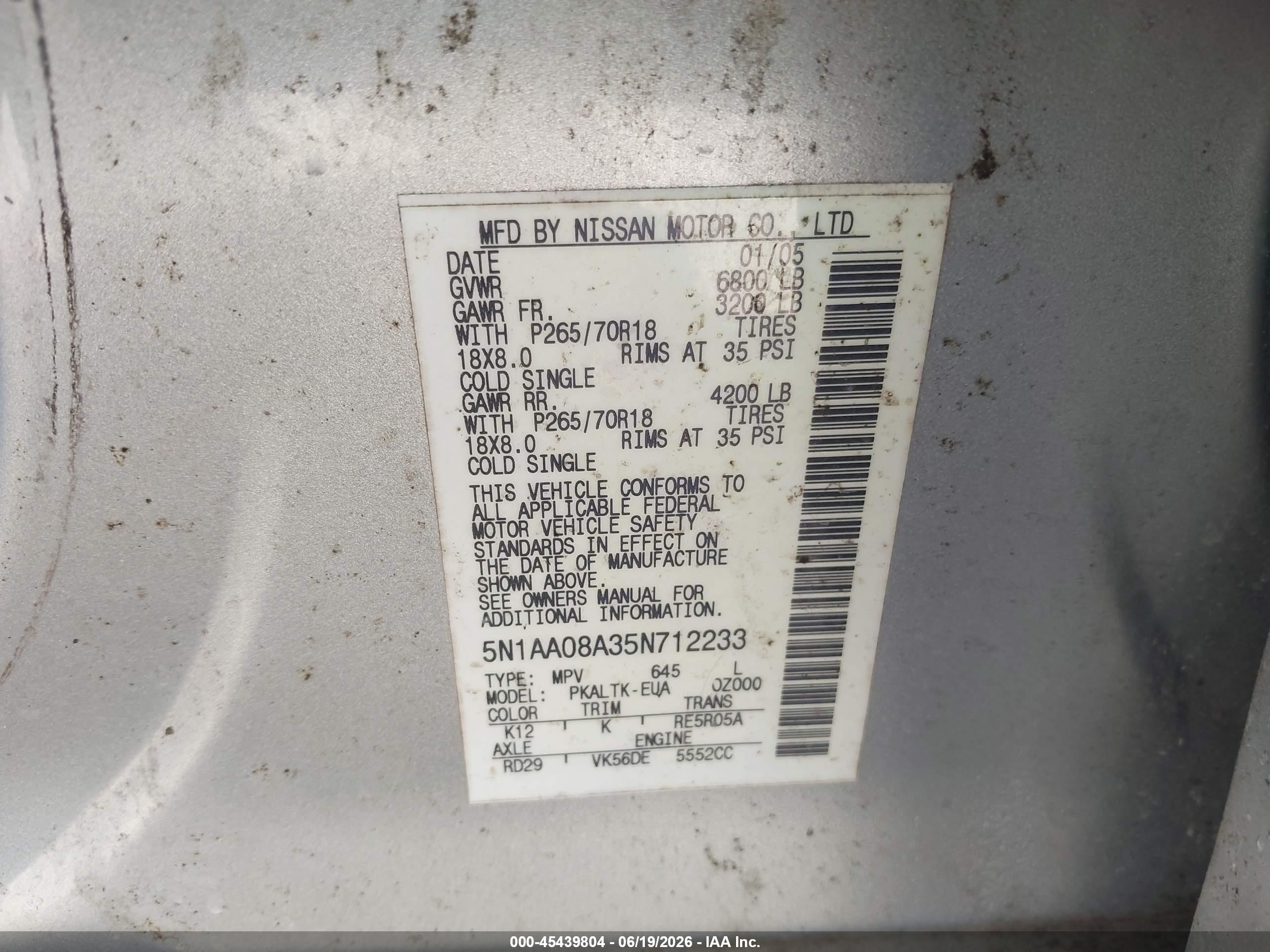 2005 Nissan Armada Se Silver vin: 5N1AA08A35N712233