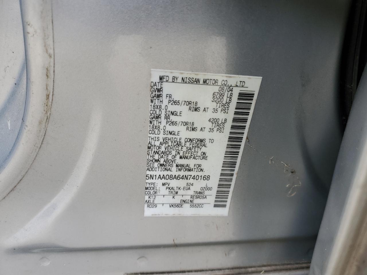 2004 Nissan Armada Se Серебряный vin: 5N1AA08A64N740168
