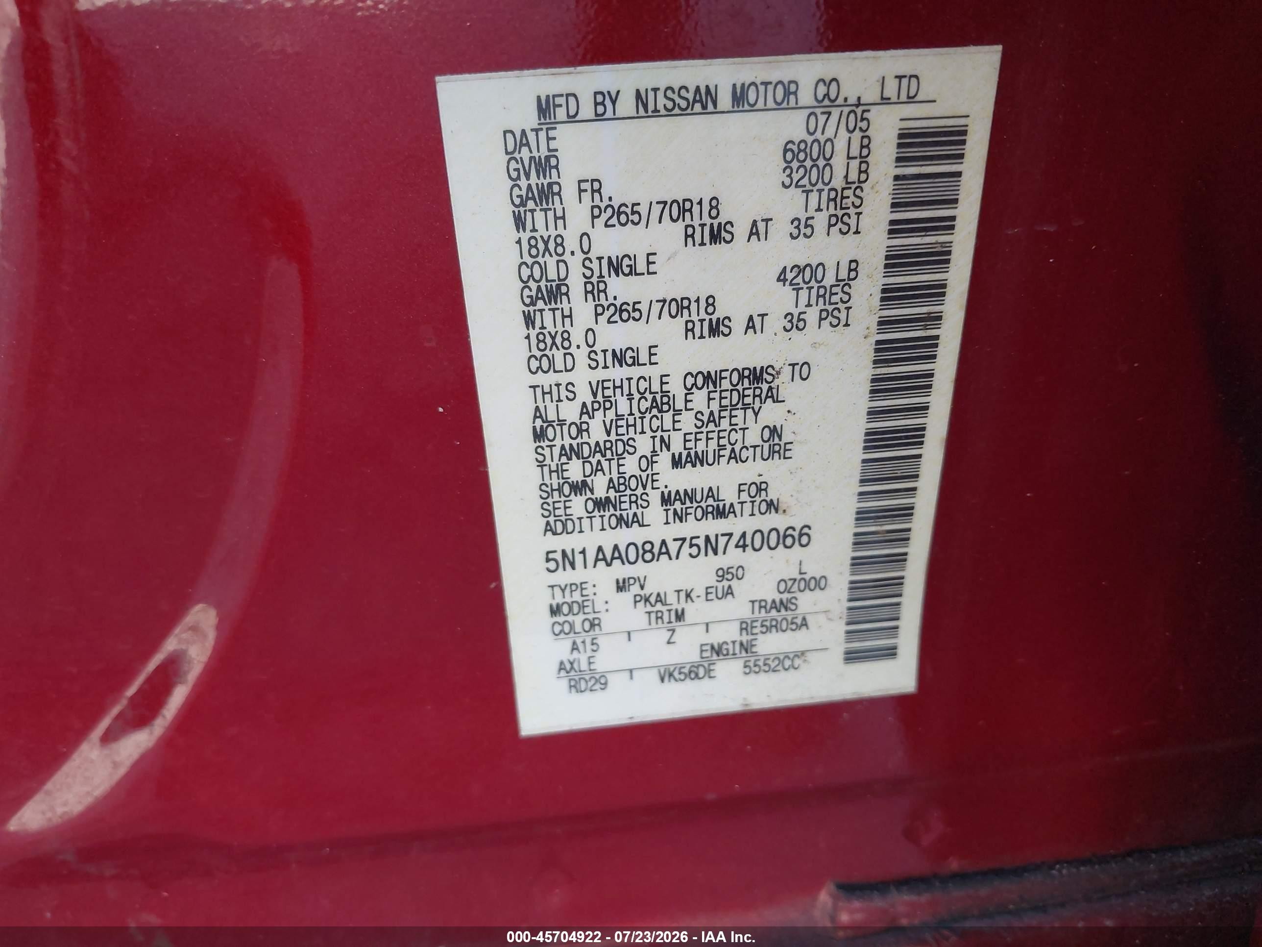 2005 Nissan Armada Se Red vin: 5N1AA08A75N740066