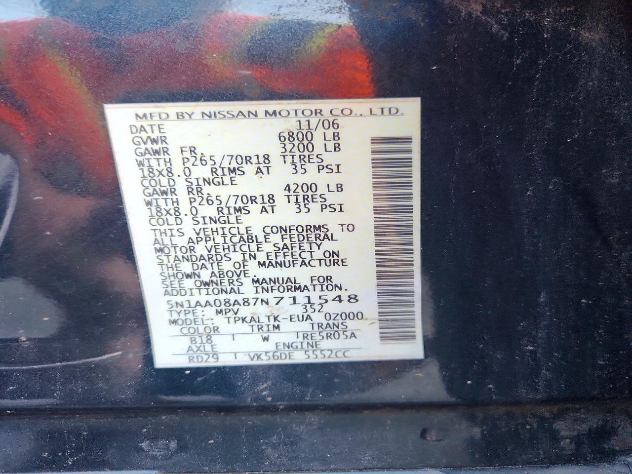 2007 Nissan Armada Se Charcoal vin: 5N1AA08A87N711548