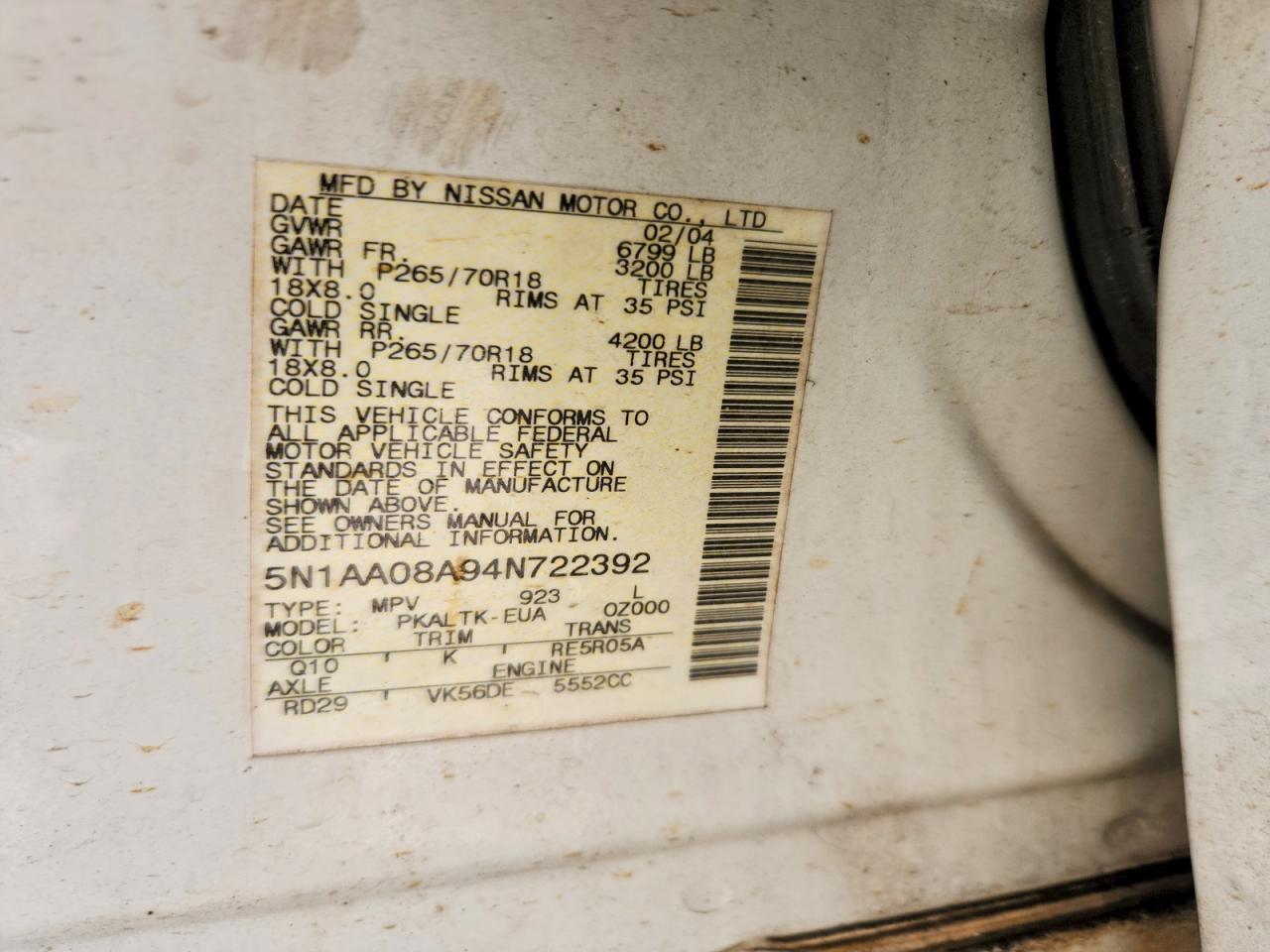 2004 Nissan Armada Se/le White vin: 5N1AA08A94N722392