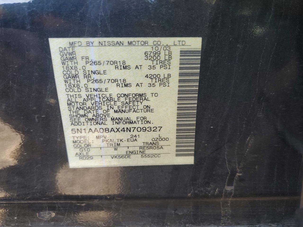 2004 Nissan Armada Se Black vin: 5N1AA08AX4N709327