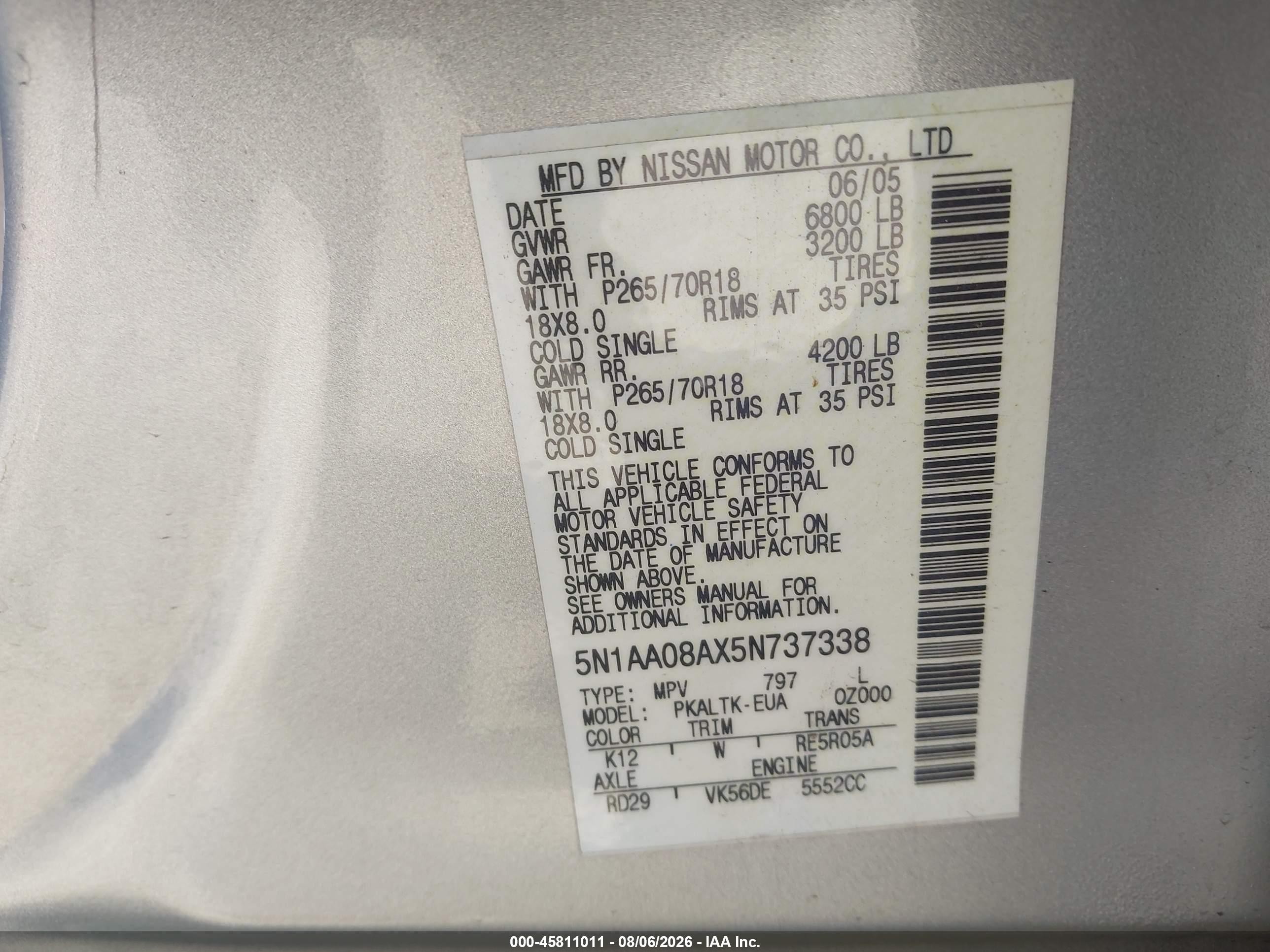 2005 Nissan Armada Se Silver vin: 5N1AA08AX5N737338