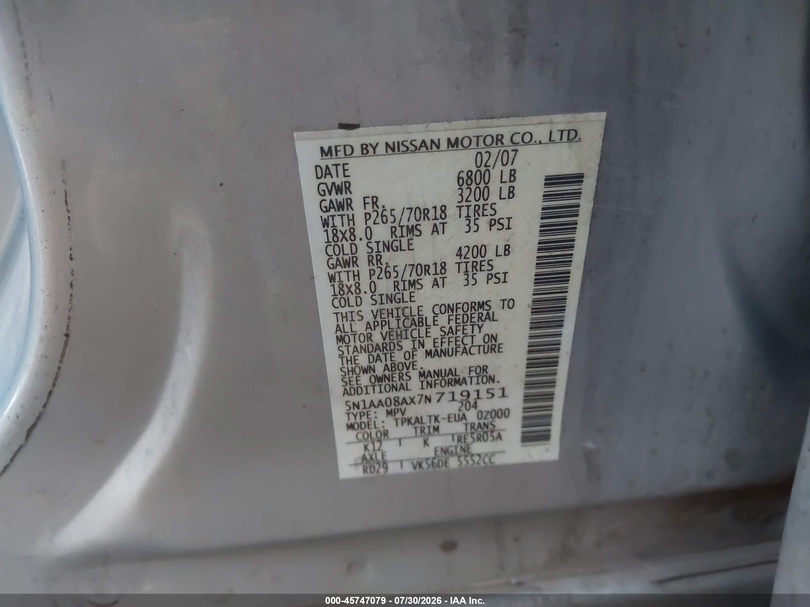 2007 Nissan Armada Se Silver vin: 5N1AA08AX7N719151