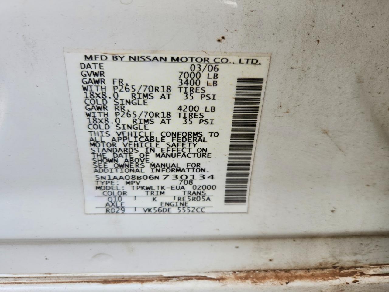 2006 Nissan Armada Se White vin: 5N1AA08B06N730134