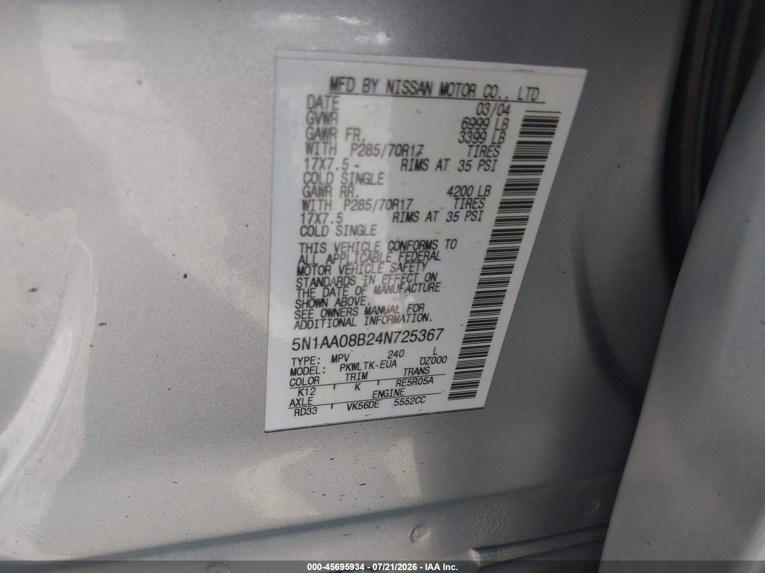 2004 Nissan Pathfinder Armada Se Off-road Gray vin: 5N1AA08B24N725367
