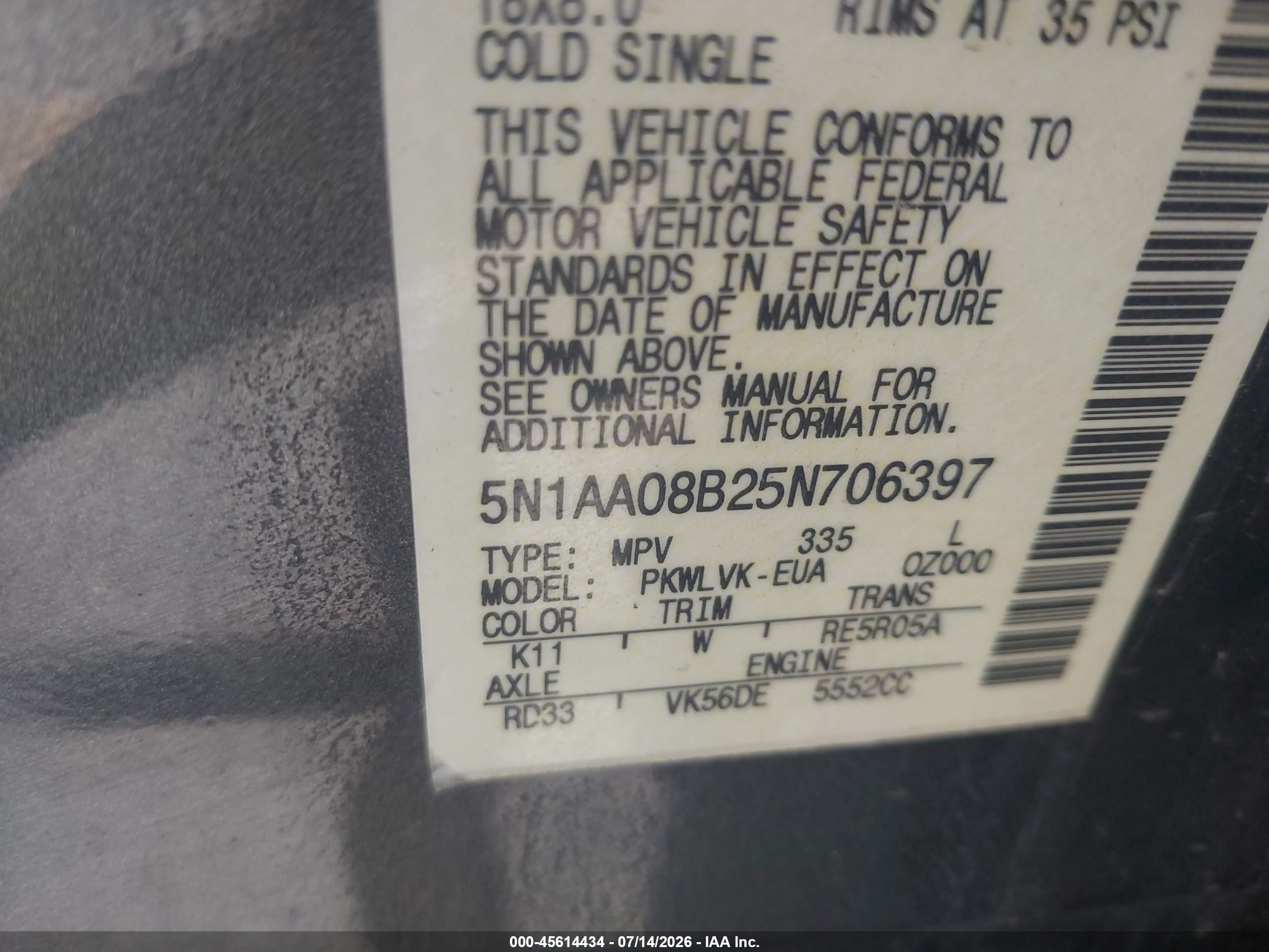 2005 Nissan Armada Le Black vin: 5N1AA08B25N706397