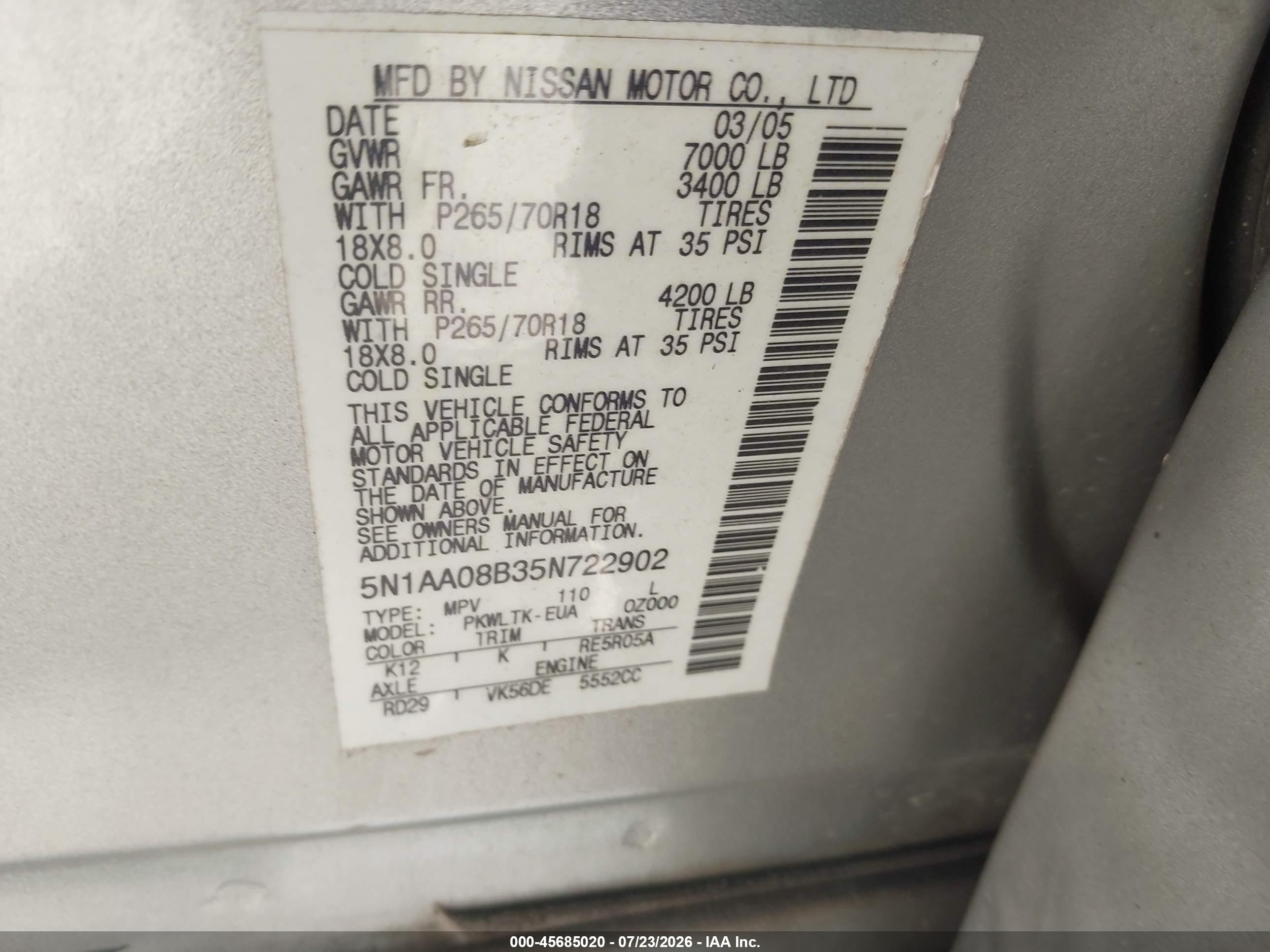 2005 Nissan Armada Se Silver vin: 5N1AA08B35N722902
