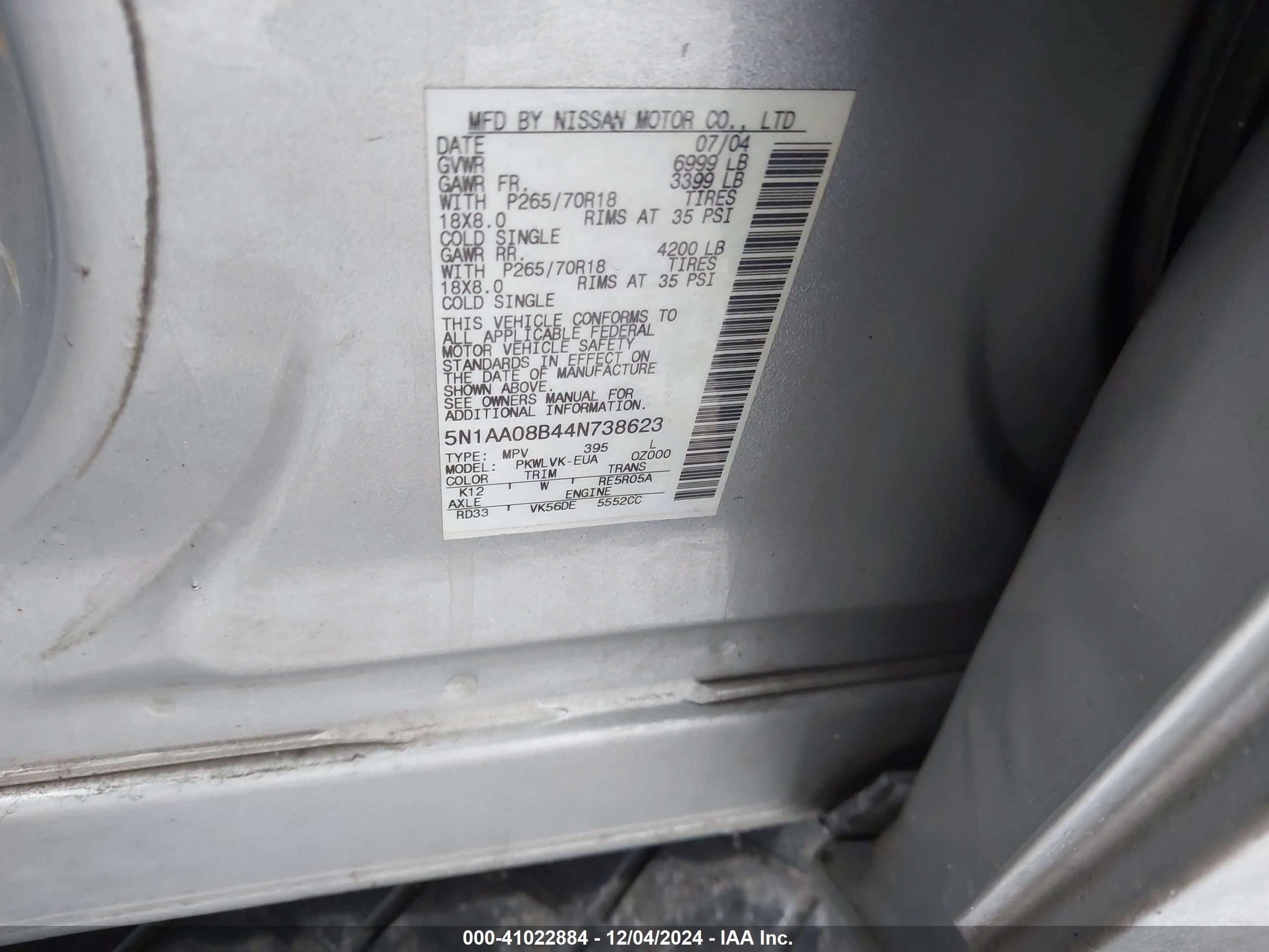 2004 Nissan Pathfinder Armada Le Серебряный vin: 5N1AA08B44N738623