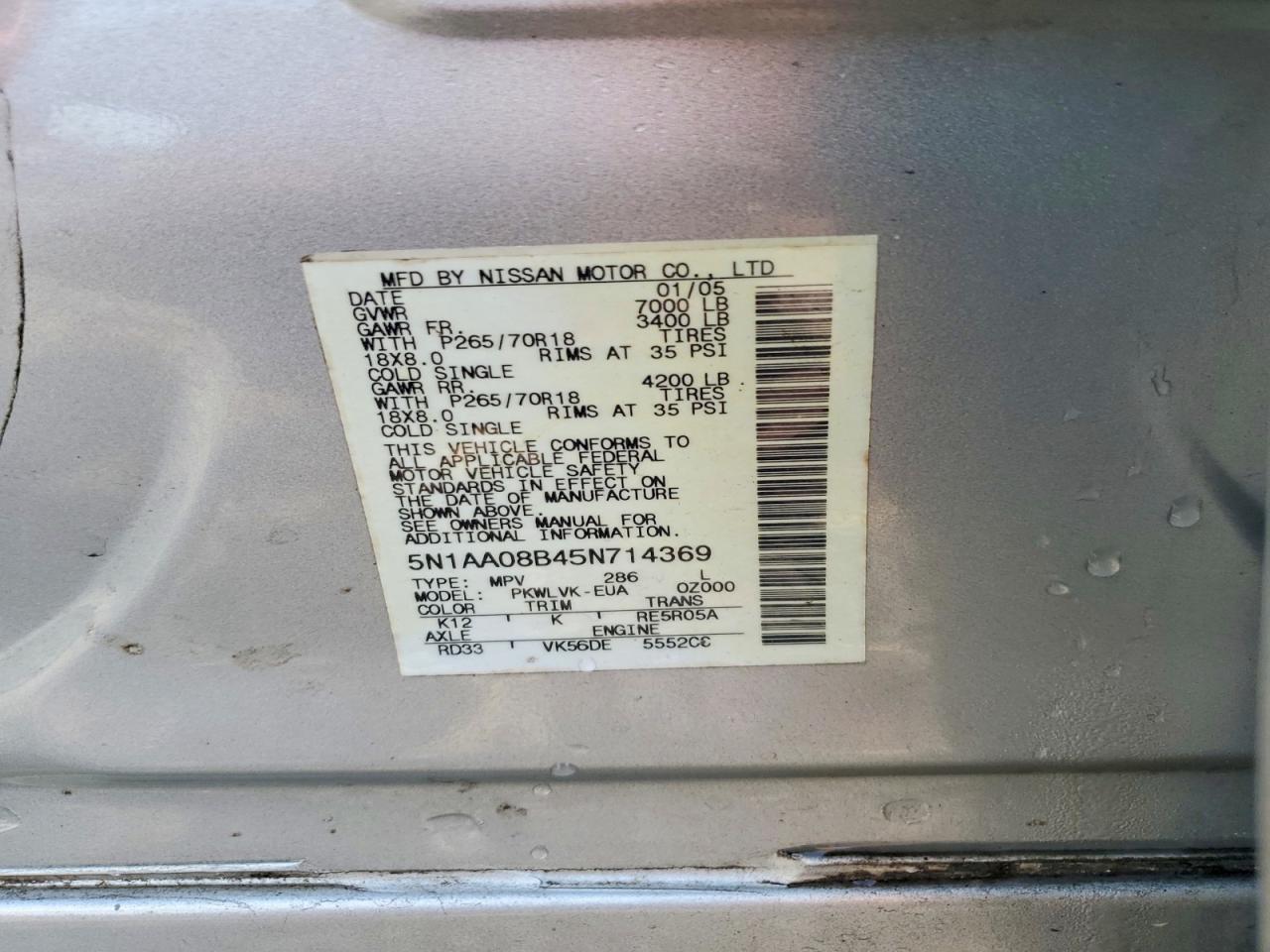 2005 Nissan Armada Se/le Silver vin: 5N1AA08B45N714369