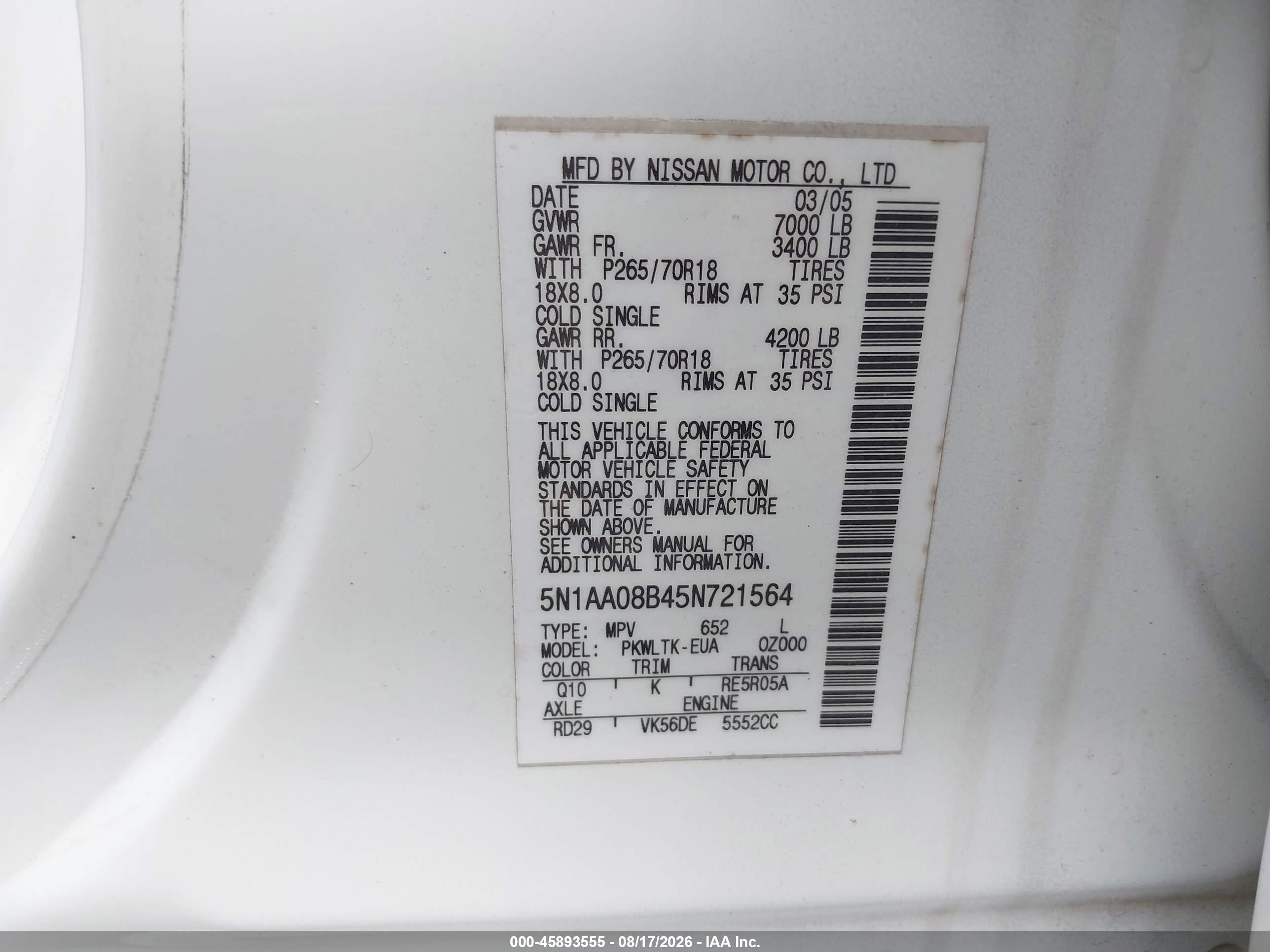 2005 Nissan Armada Se Белый vin: 5N1AA08B45N721564