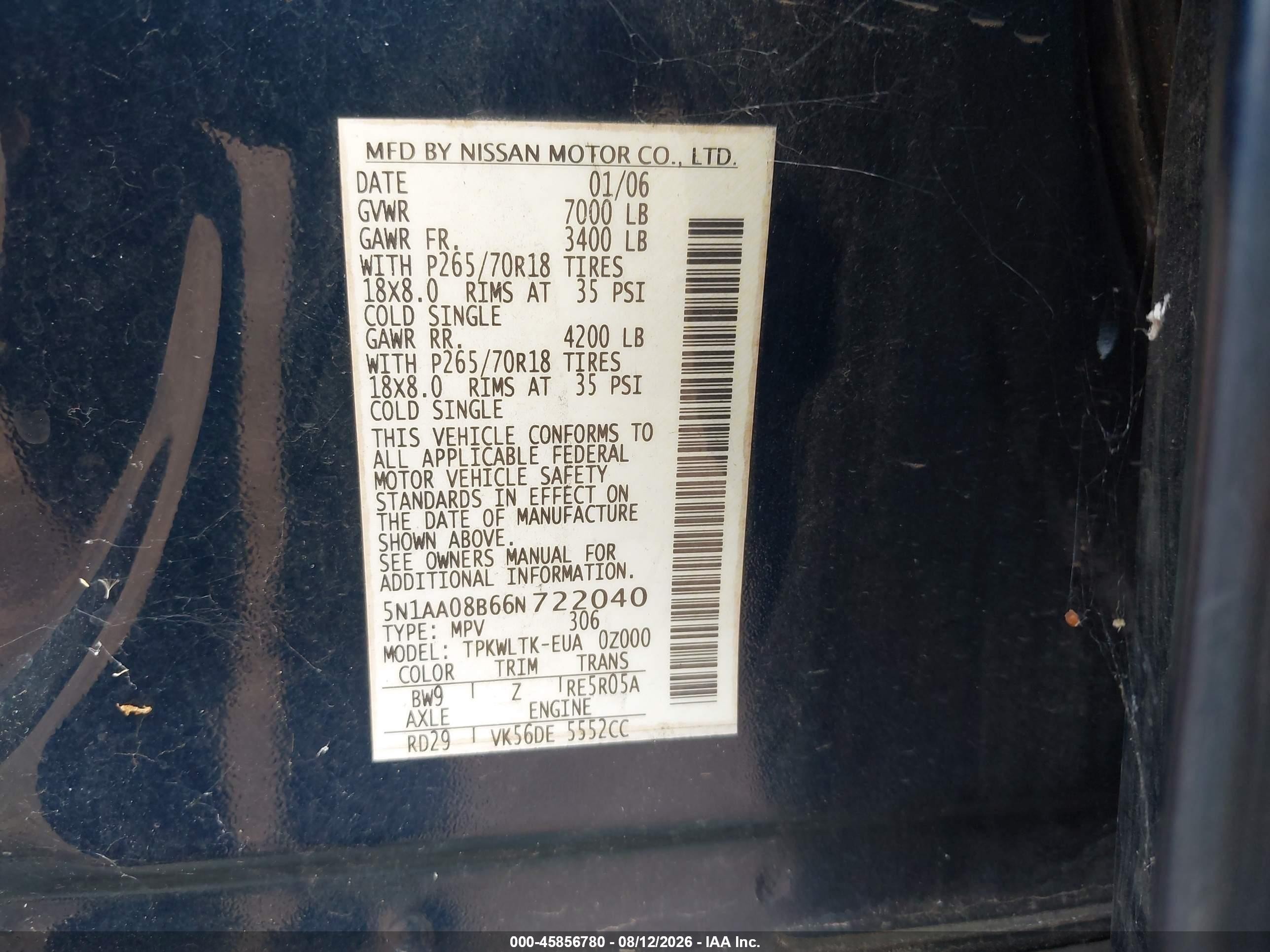 2006 Nissan Armada Se Navy vin: 5N1AA08B66N722040