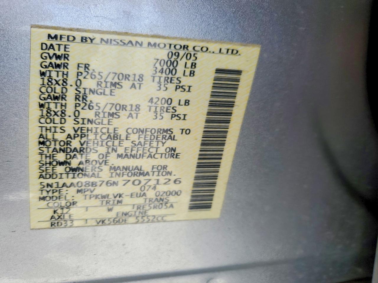 2006 Nissan Armada Se Silver vin: 5N1AA08B76N707126