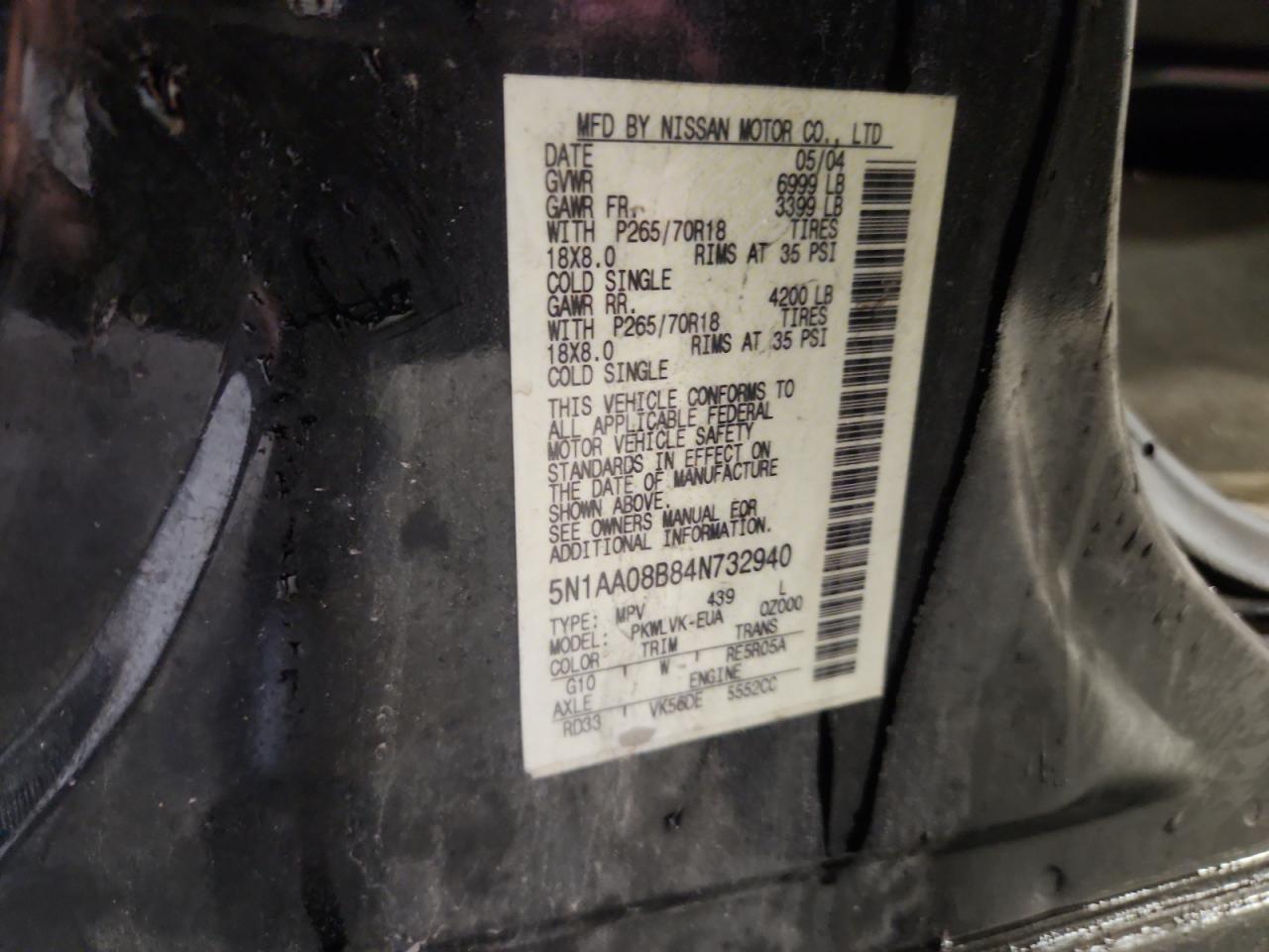 2004 Nissan Armada Se Черный vin: 5N1AA08B84N732940