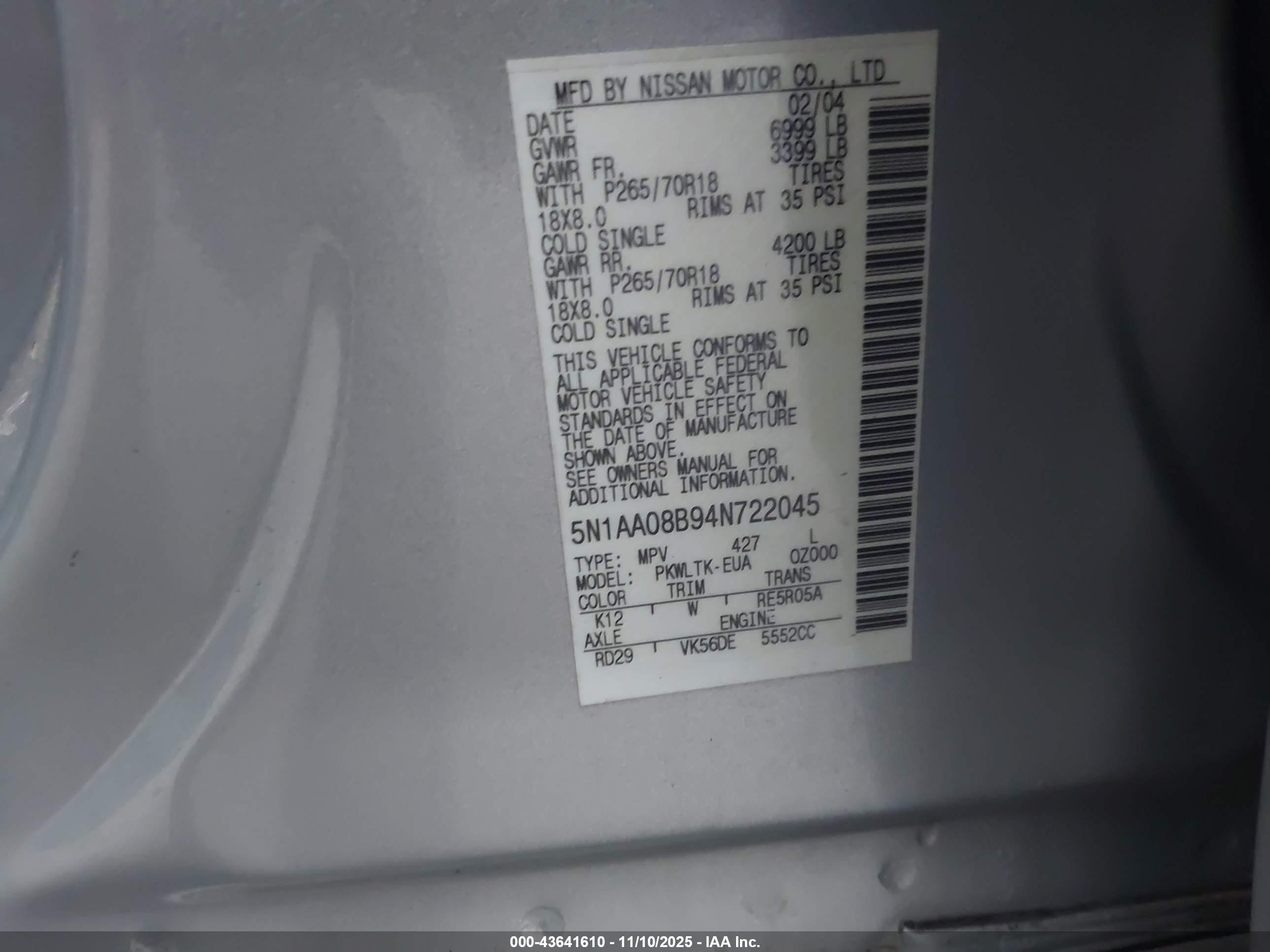 2004 Nissan Pathfinder Armada Se Gray vin: 5N1AA08B94N722045
