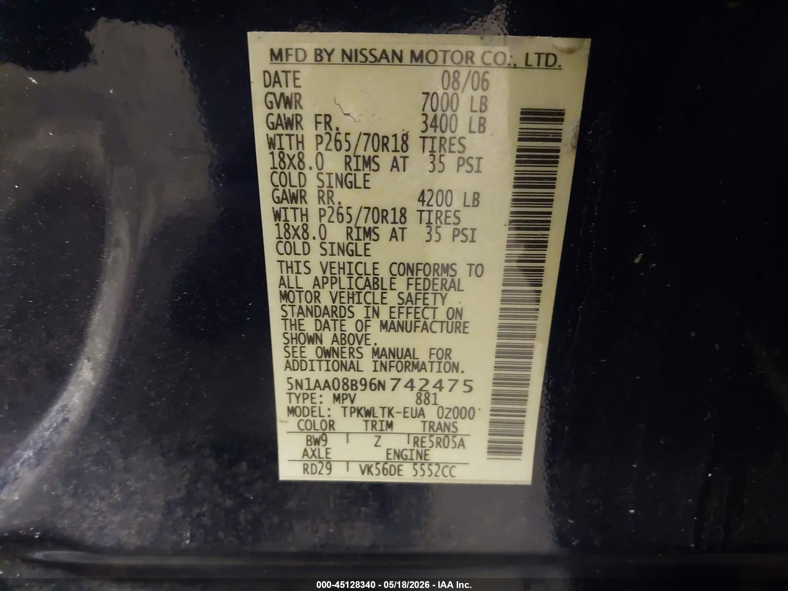 2006 Nissan Armada Se Blue vin: 5N1AA08B96N742475
