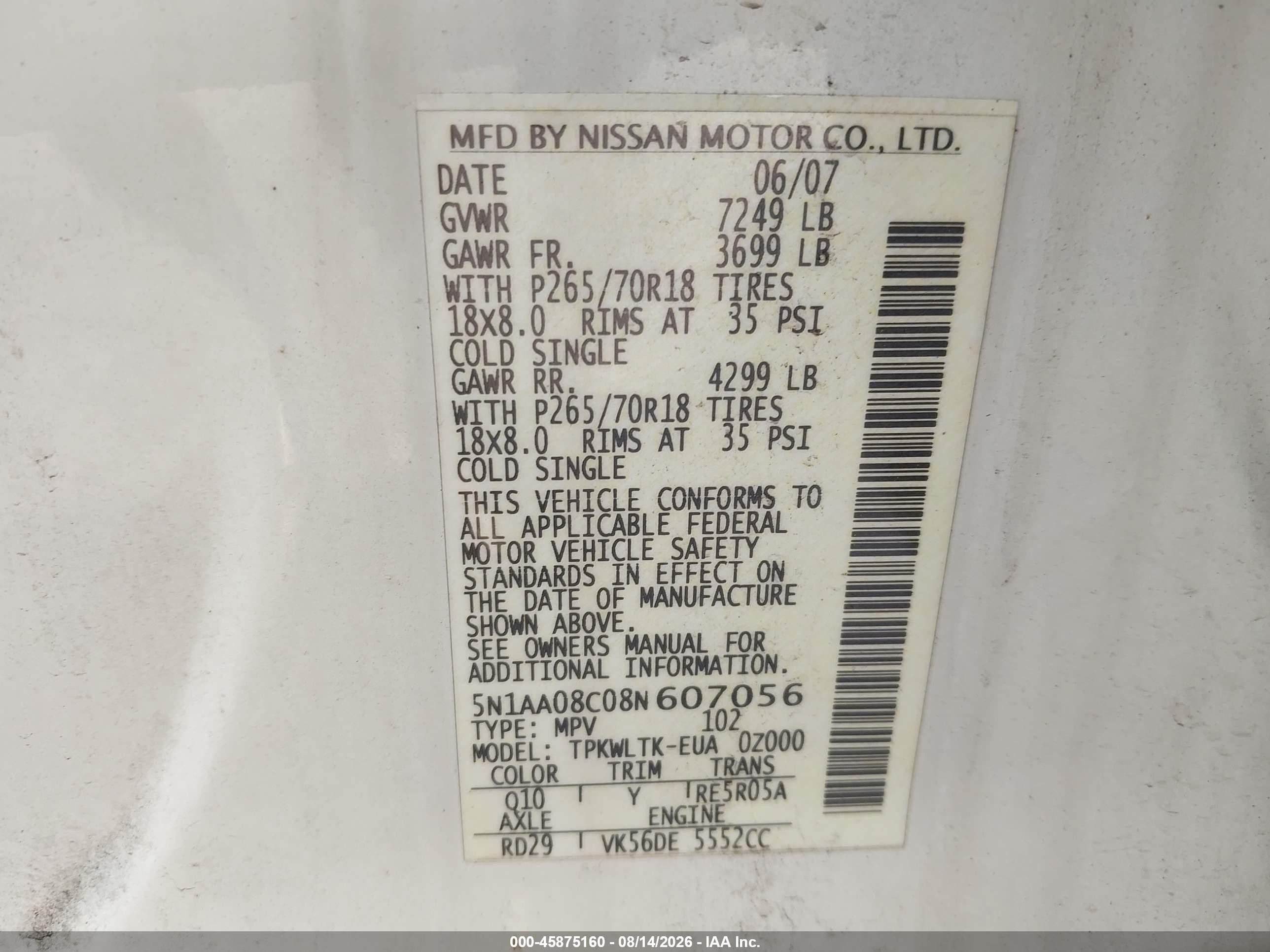 2008 Nissan Armada Se White vin: 5N1AA08C08N607056