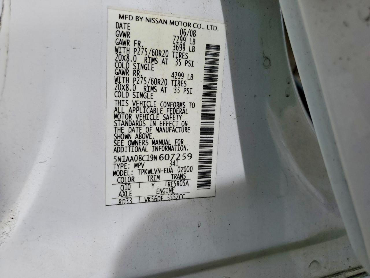 2009 Nissan Armada Se White vin: 5N1AA08C19N607259